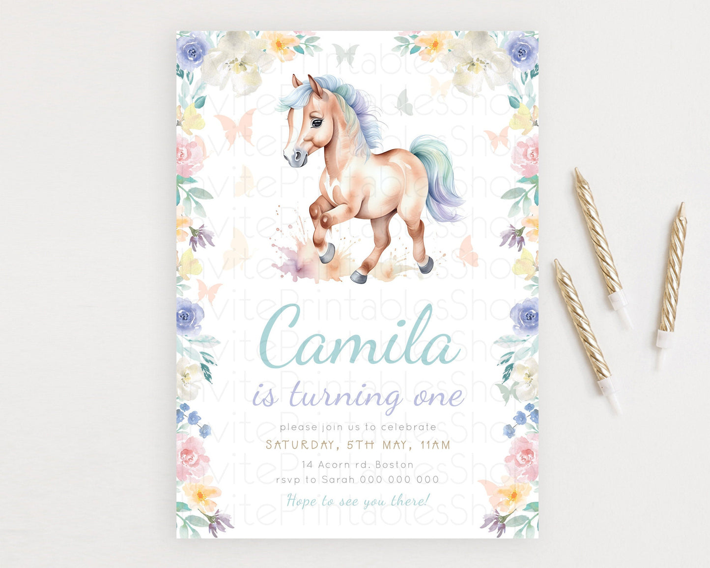 Horse Birthday Invitation, Galloping Wildflower Fields, Pastel Flowers, Butterflies, Flowers Accents for Equestrian & Cowgirls d23384