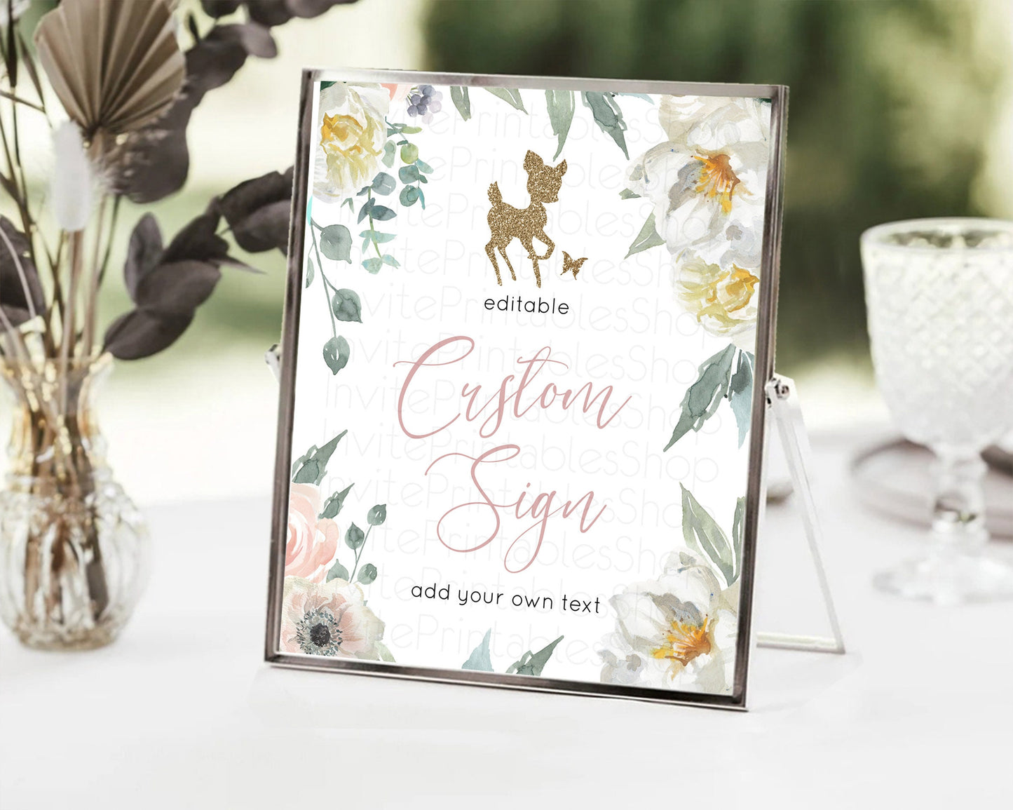 Fawn Deer Sign Pastel Floral Deer Table Sign Decor  Enchanted Forest Butterfly Party 1st Birthday Baptism Baby Shower Bridal Shower D10120