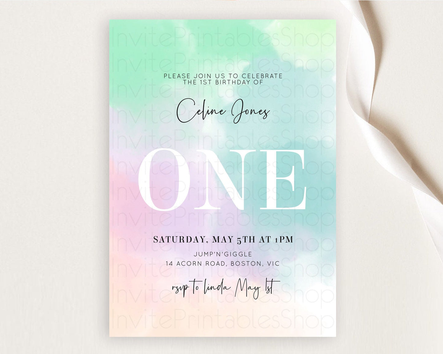 Rainbow Birthday Invitation Colorful Pastel Watercolor Invitation Gold Glitter Sprinkles Ombre Pastel 1st 2nd 3rd Birthday D10375