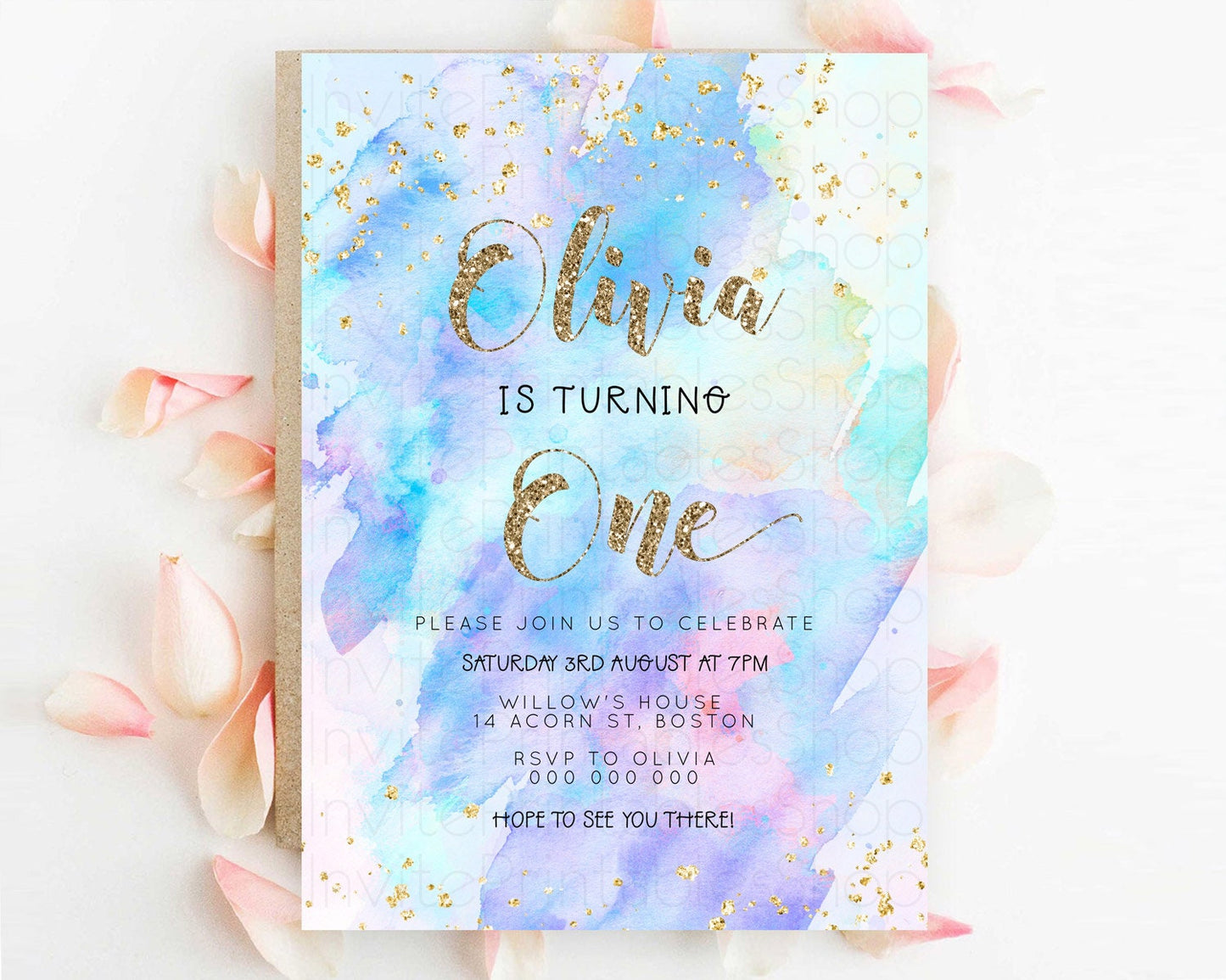 Rainbow Birthday Invitation Colorful Pastel Watercolor Invitation Gold Glitter Sprinkles Ombre Pastel 1st 2nd 3rd Birthday D23292