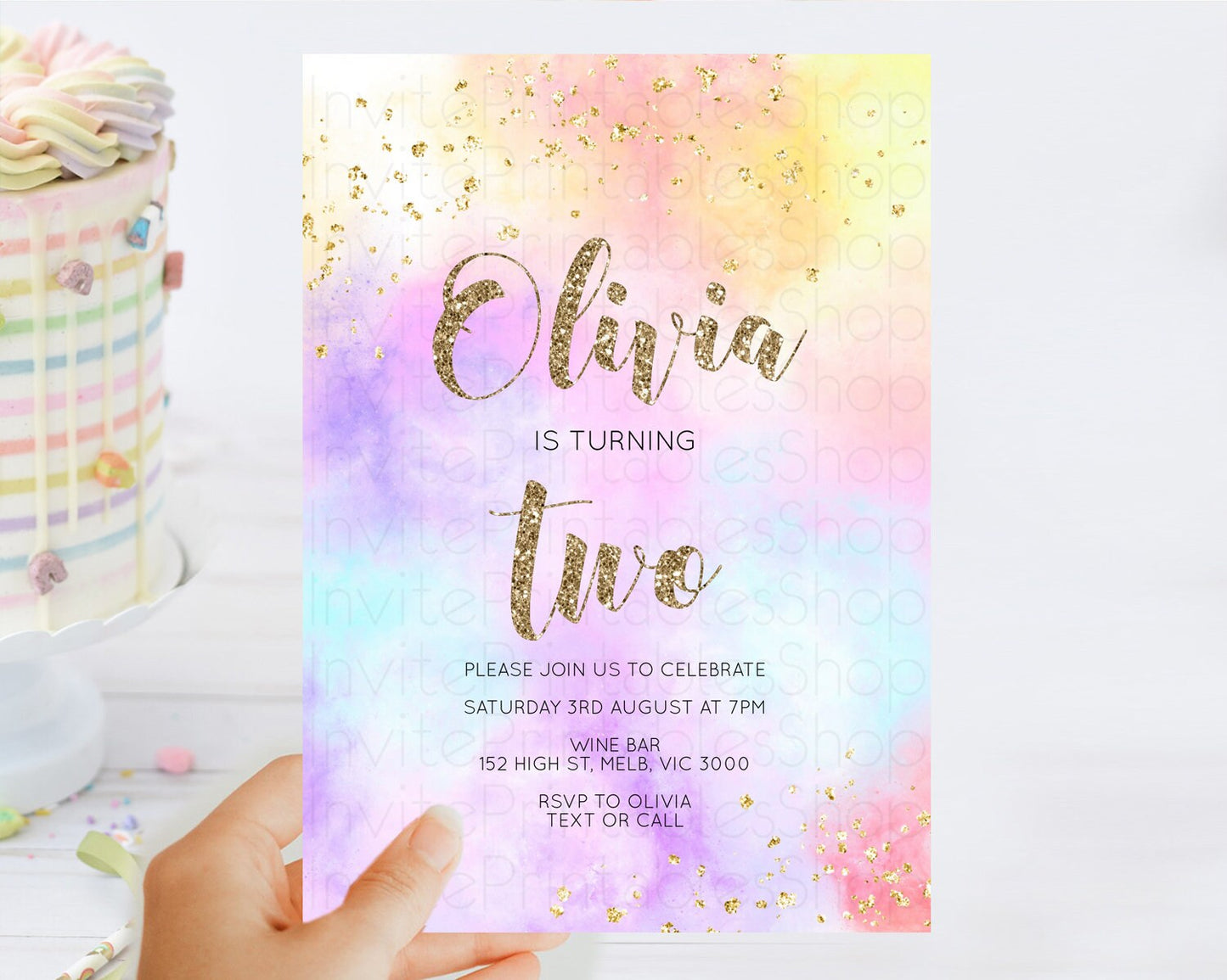 Rainbow Birthday Invitation Colorful Pastel Watercolor Invitation Gold Glitter Sprinkles Ombre Pastel 1st 2nd 3rd Birthday D10435