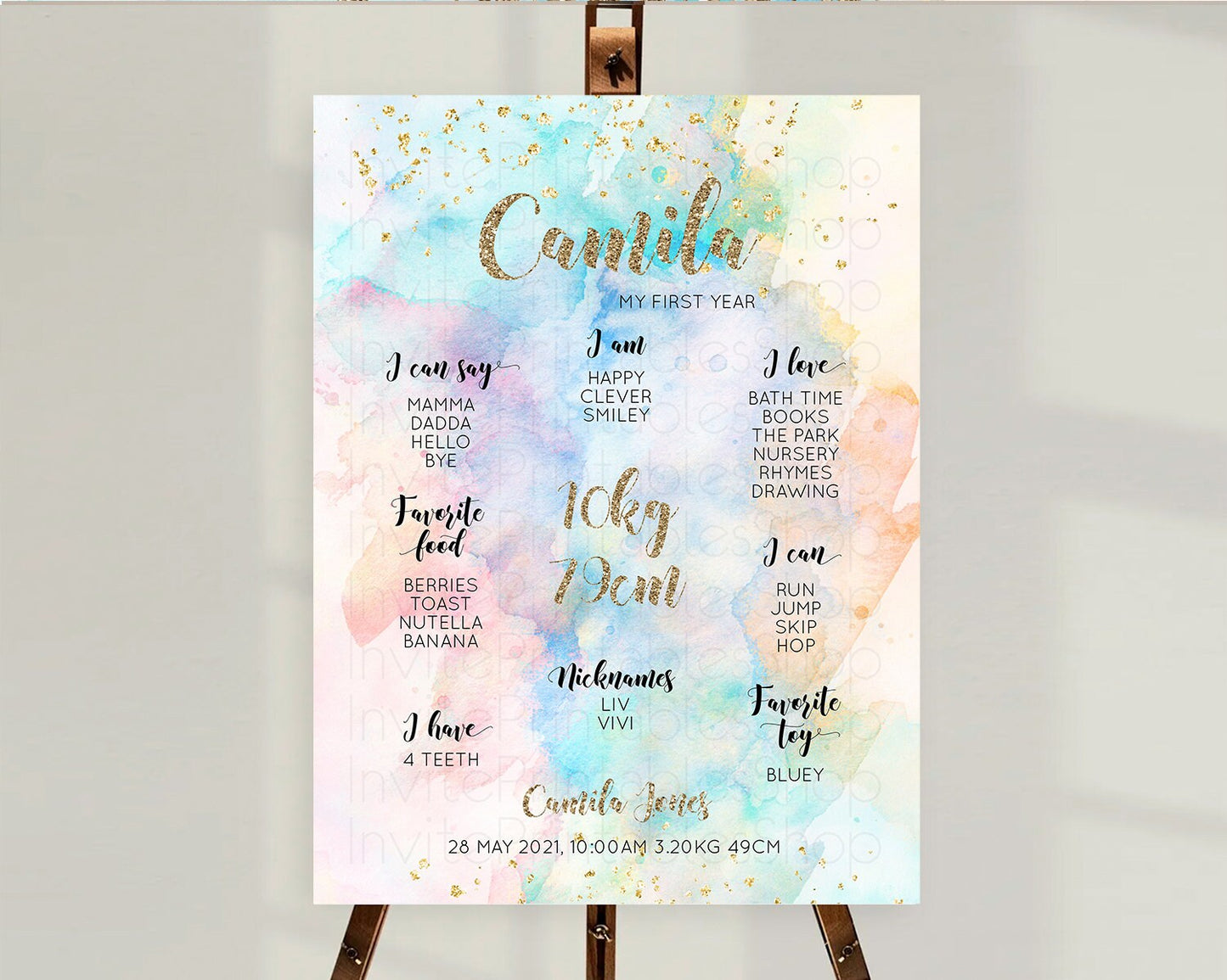 Pastel First Birthday Milestone Board Pastel Rainbow Milestone Poster Colorful Confetti Watercolor Glitter 1st Birthday Welcome Sign D10261