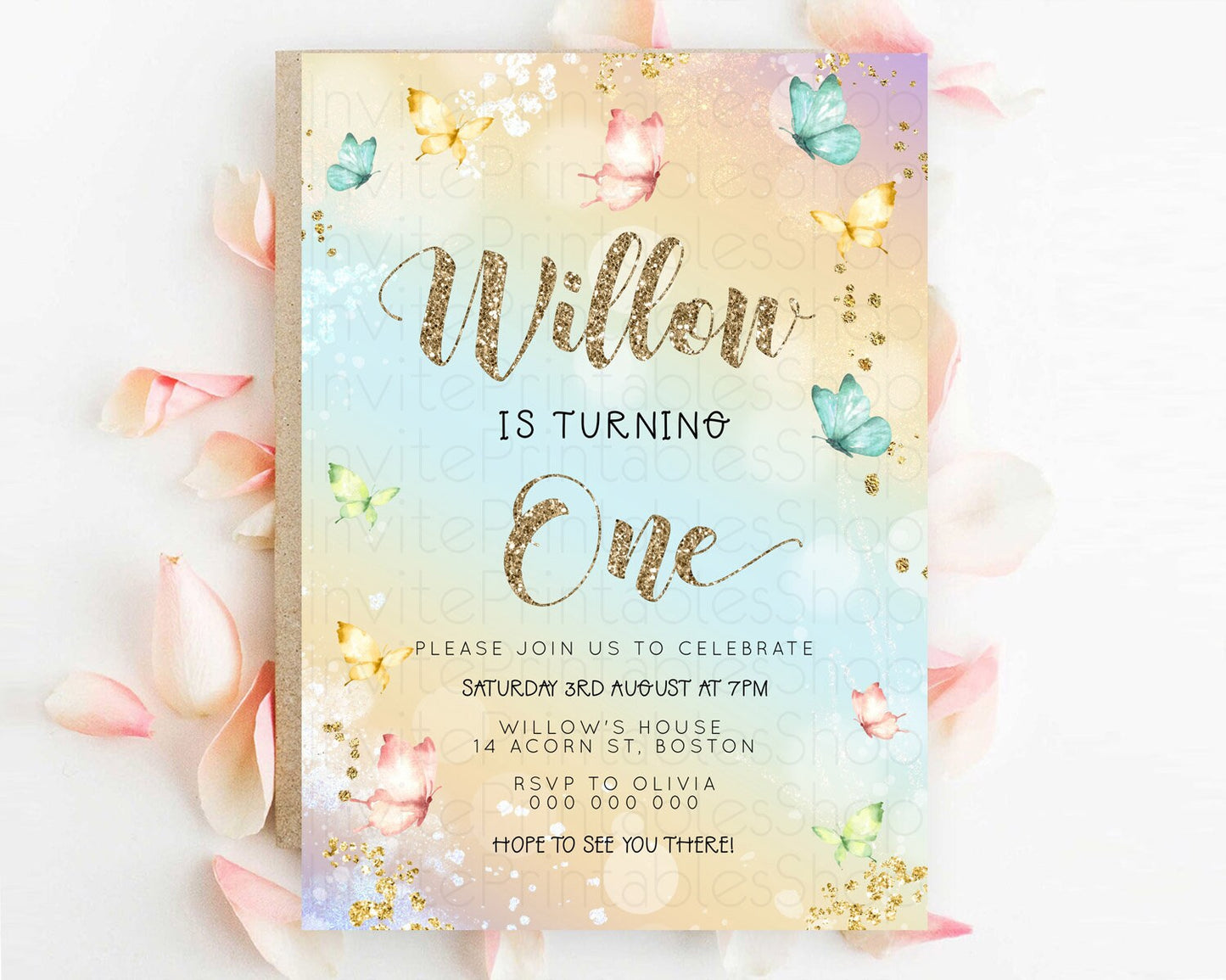 Pastel Butterfly Birthday Invitation Butterfly Birthday Invitation Colorful Splash Glitter Butterfly Garden 1st 2nd Birthday D23087