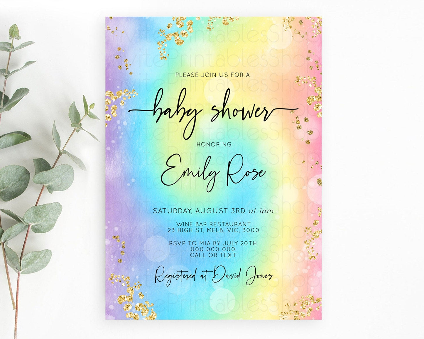 Pastel Baby Shower Invitation Rainbow Baby Shower Invitation Colorful Pastel Watercolor Invitation Gold Glitter Sprinkles Ombre D10568