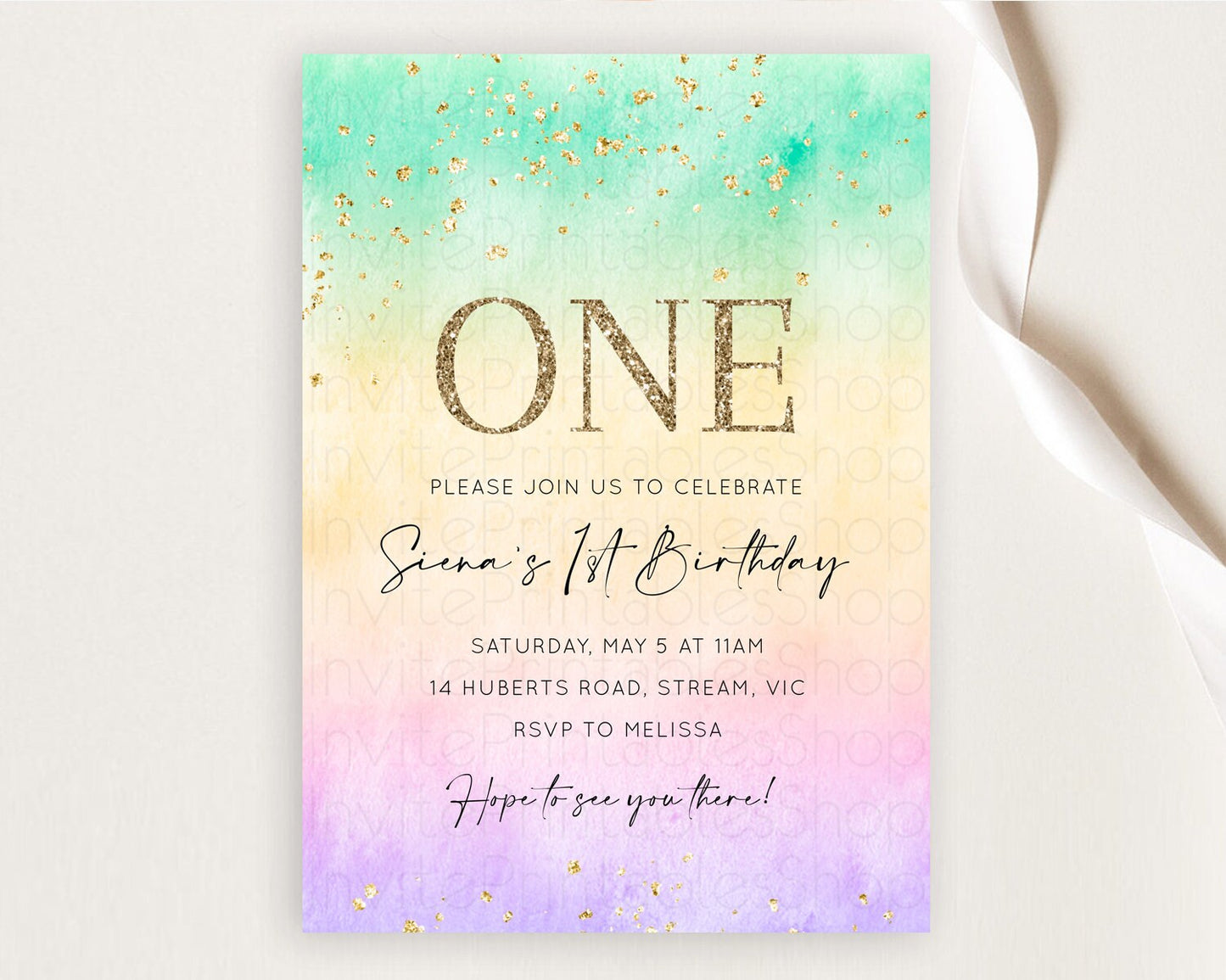 Rainbow Birthday Invitation Colorful Pastel Watercolor Invitation Gold Glitter Sprinkles Ombre Pastel 1st 2nd 3rd Birthday D10481