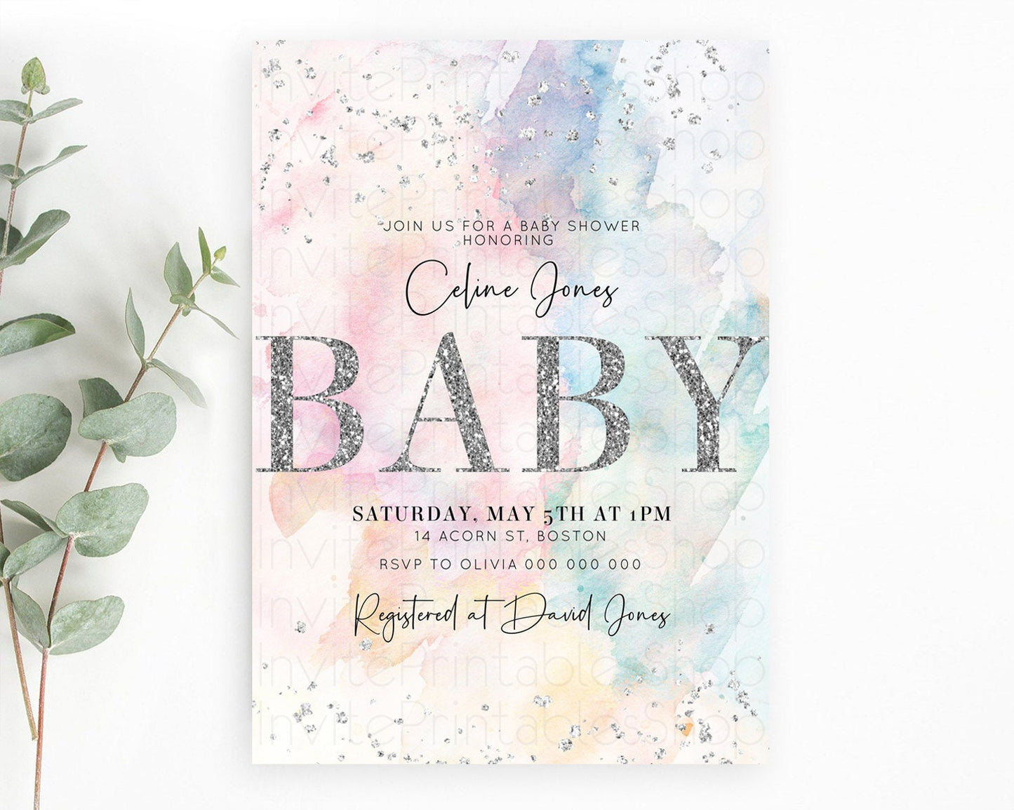 Pastel Rainbow Baby Shower Invitation, Colorful Watercolor Splash with Silver Confetti Sprinkles, Ombre Effect - Pink blue yellow D10945