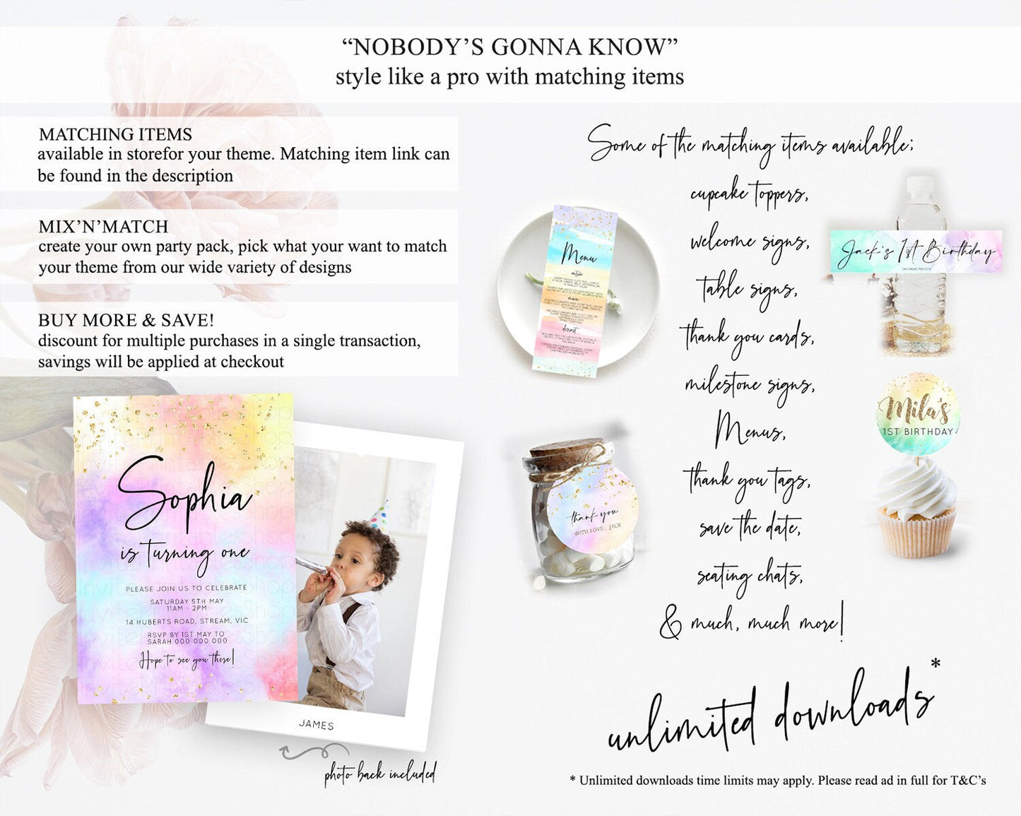 Rainbow Birthday Invitation Colorful Pastel Watercolor Invitation Gold Glitter Sprinkles Ombre Pastel 1st 2nd 3rd Birthday D10437