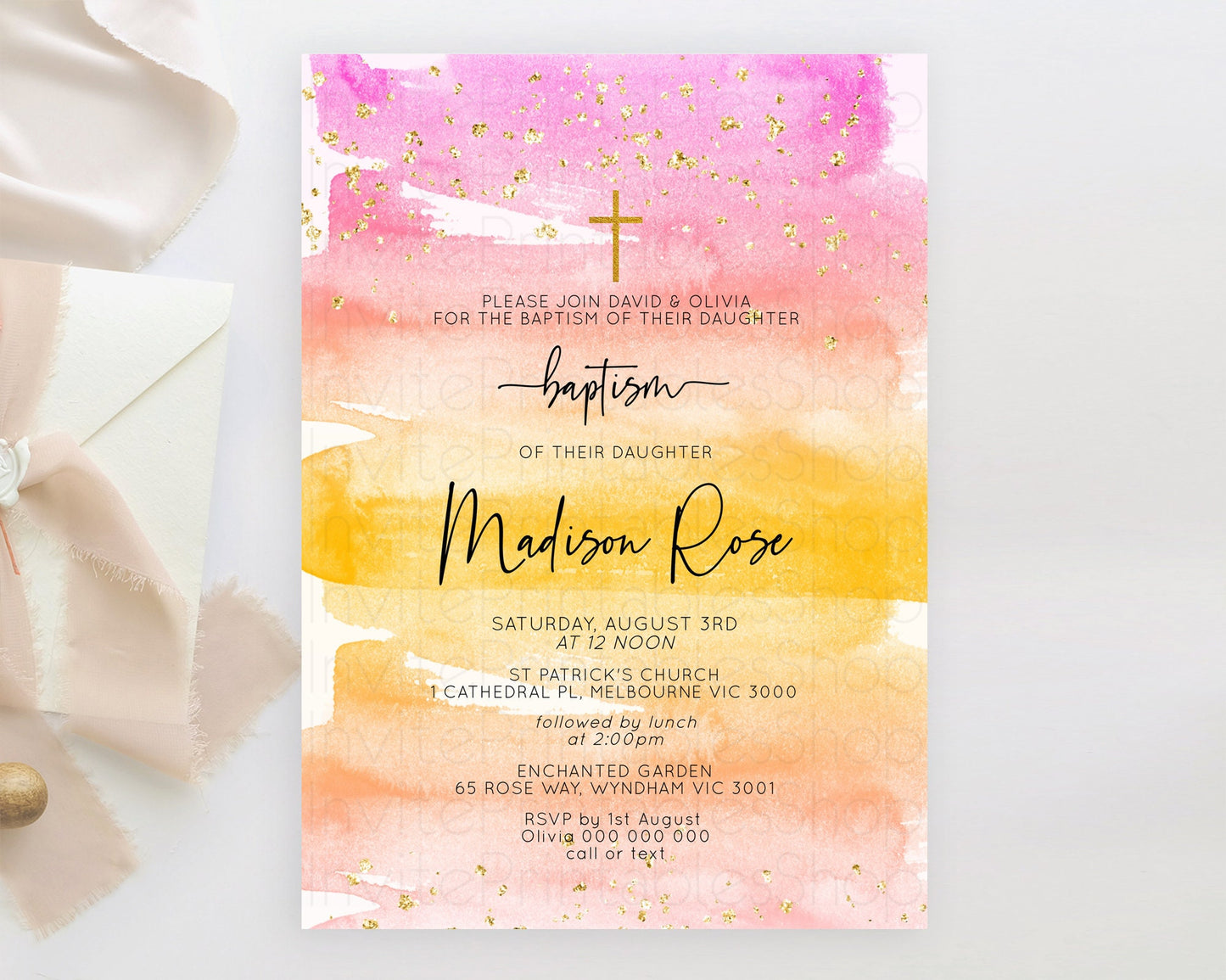 Pastel Baptism Invitation Pastel Colors Watercolor Baptism 1st Birthday Party Gold Ombre Pastel Rainbow Christening Holy Communion D10520