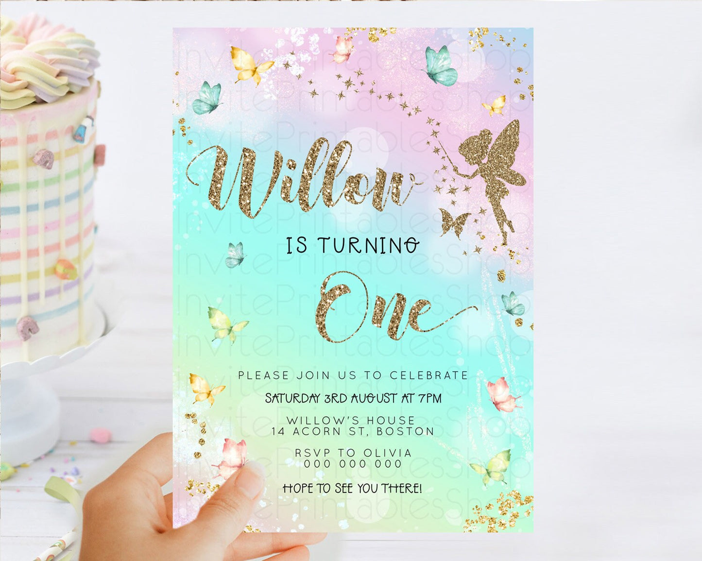 Pastel Fairy Birthday Invitation Pastel Butterflies Fairy Birthday Invitation Rainbow Ombre Watercolor 1st 2nd Birthday Invitation D23151