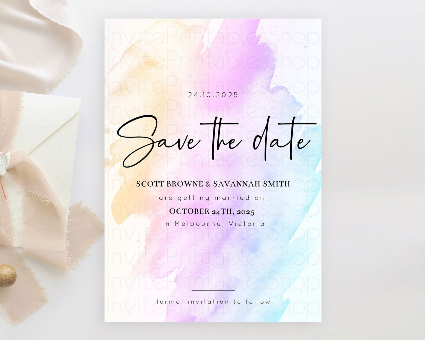 Pastel Save The Date Template Pastel Ombre Rainbow Watercolor Colorful Party For Birthday Baptism Baby Shower Wedding Bridal Shower D10177