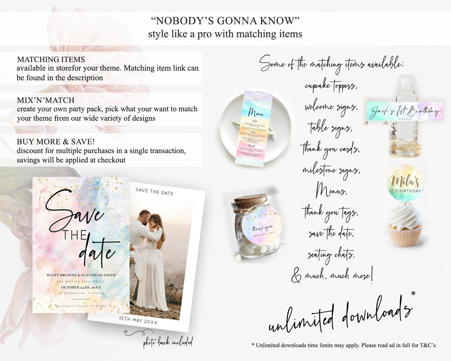 Pastel Save The Date Template Pastel Ombre Rainbow Watercolor Colorful Party For Birthday Baptism Baby Shower Wedding Bridal Shower D10276