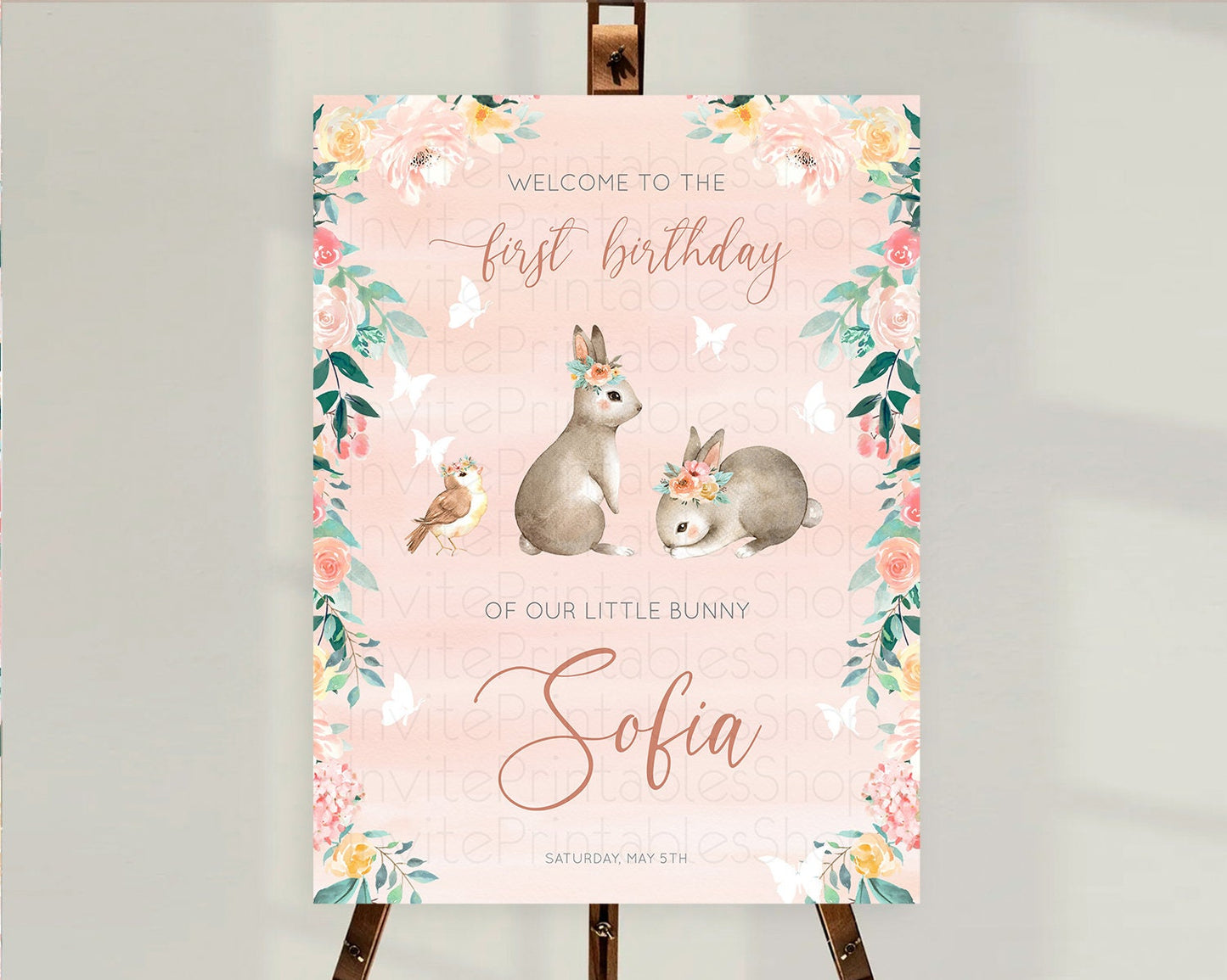 Bunny Welcome Sign Floral Bunny Welcome Board Pastel Flowers Woodland Bunny Welcome Poster Forest Bunny First Birthday Welcome Sign D10922