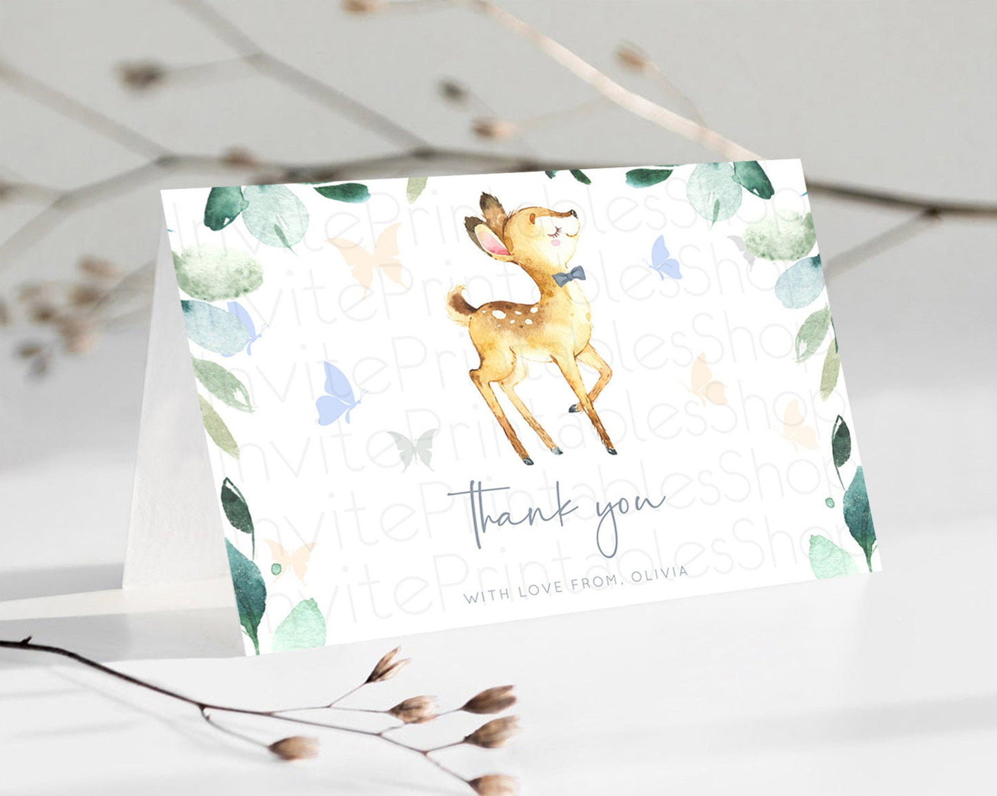 Fawn Thank You Deer Thank You Card Pastel Floral Deer Birthday Thank You Card Enchanted Forest Butterfly Deer Teacher Thank You Card D10767