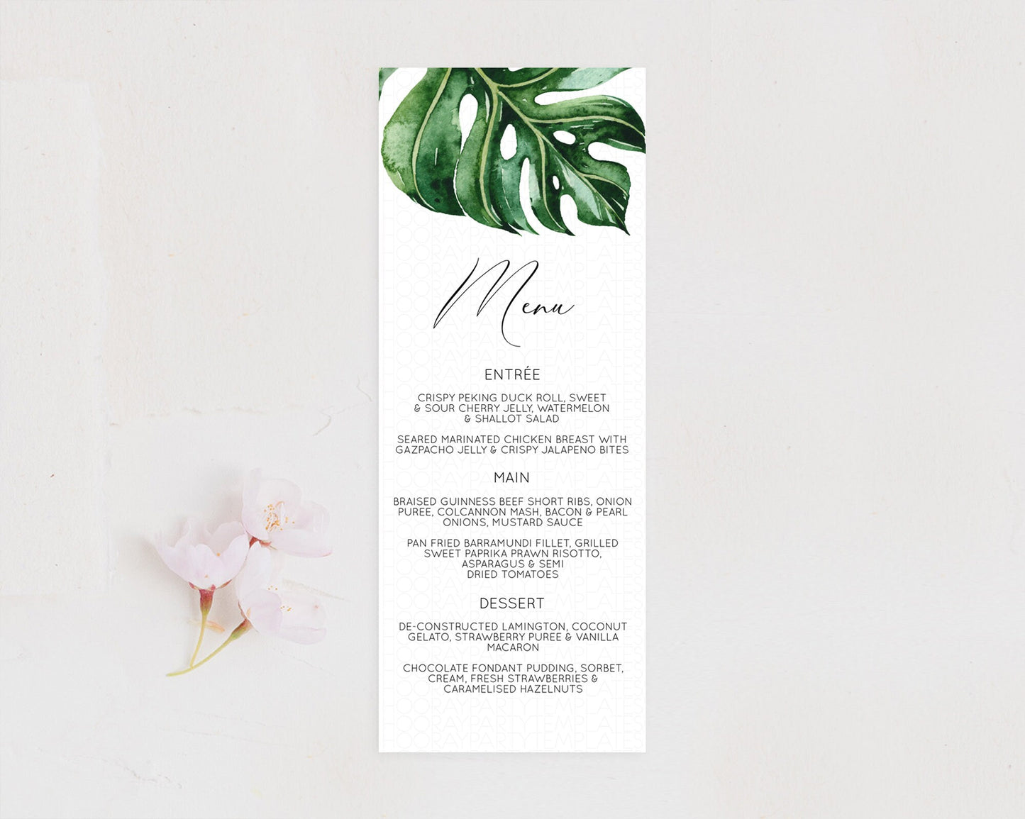 Tropical Menu Template Tropical Menu Palm Leaf Fern Table Decor Frangipani Floral White Orchid Dinner Dessert Menu Party Food Menu D11056