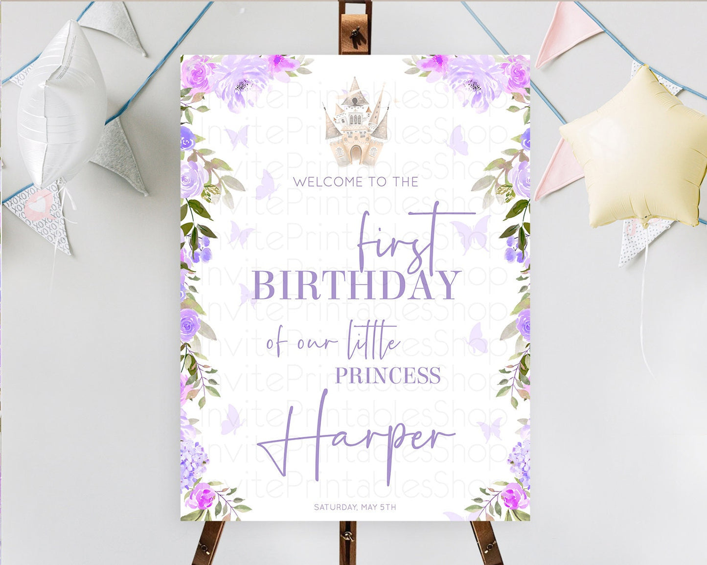 Princess Birthday Welcome Sign Castle Welcome Board Secret Garden Enchanted Castle Pastel Floral Garden First Birthday Welcome Sign D10339