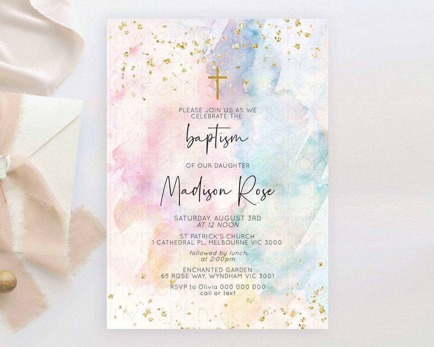 Pastel Baptism Invitation Pastel Colors Watercolor Baptism 1st Birthday Party Gold Ombre Pastel Rainbow Christening Holy Communion D10263