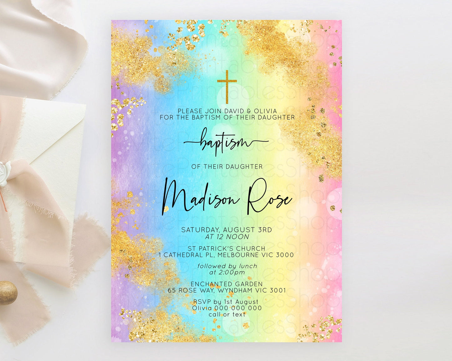 Pastel Baptism Invitation Pastel Colors Watercolor Baptism 1st Birthday Party Gold Ombre Pastel Rainbow Christening Holy Communion D10559