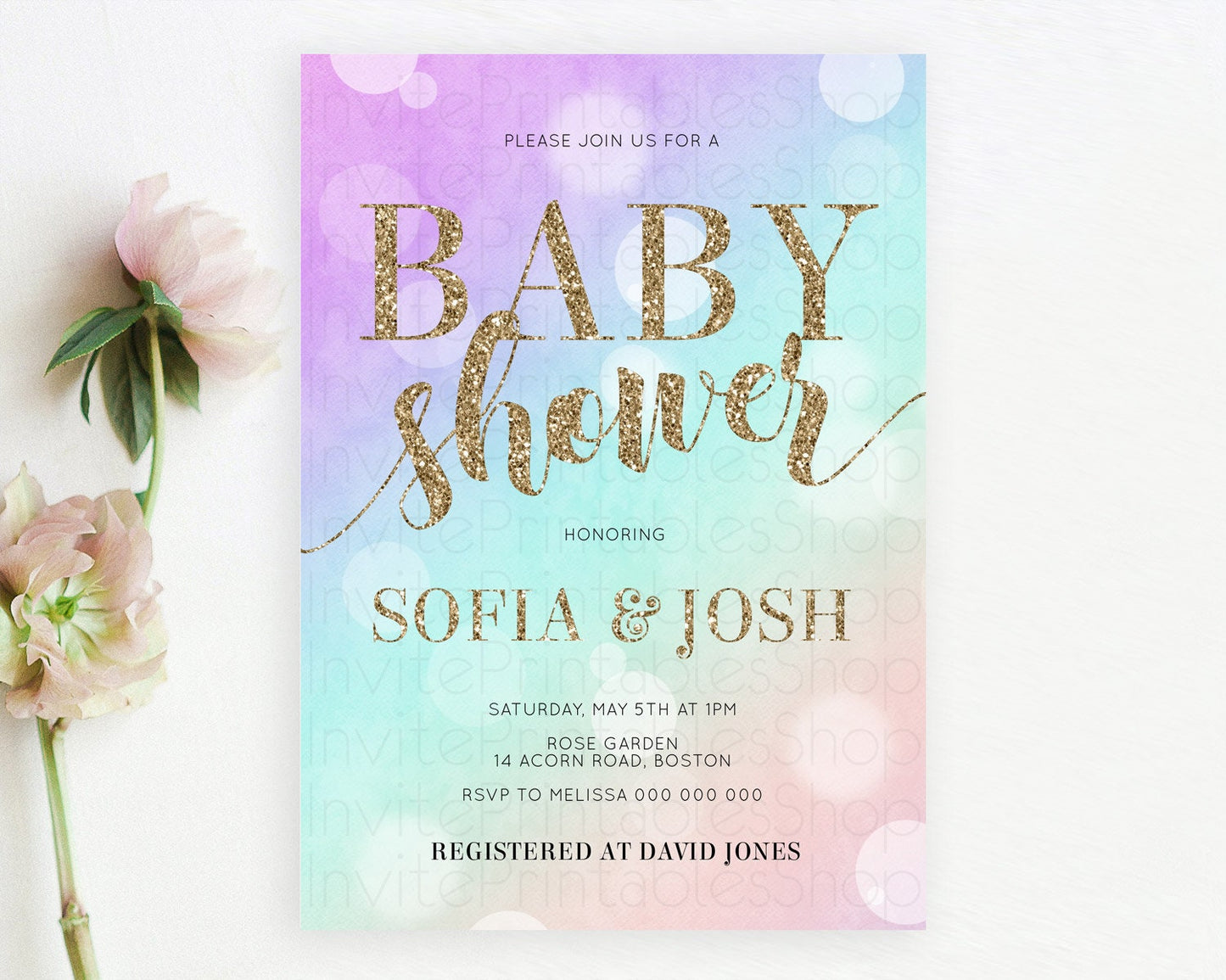 Pastel Baby Shower Invitation Rainbow Baby Shower Invitation Colorful Pastel Watercolor Invitation Gold Glitter Sprinkles Ombre D10621