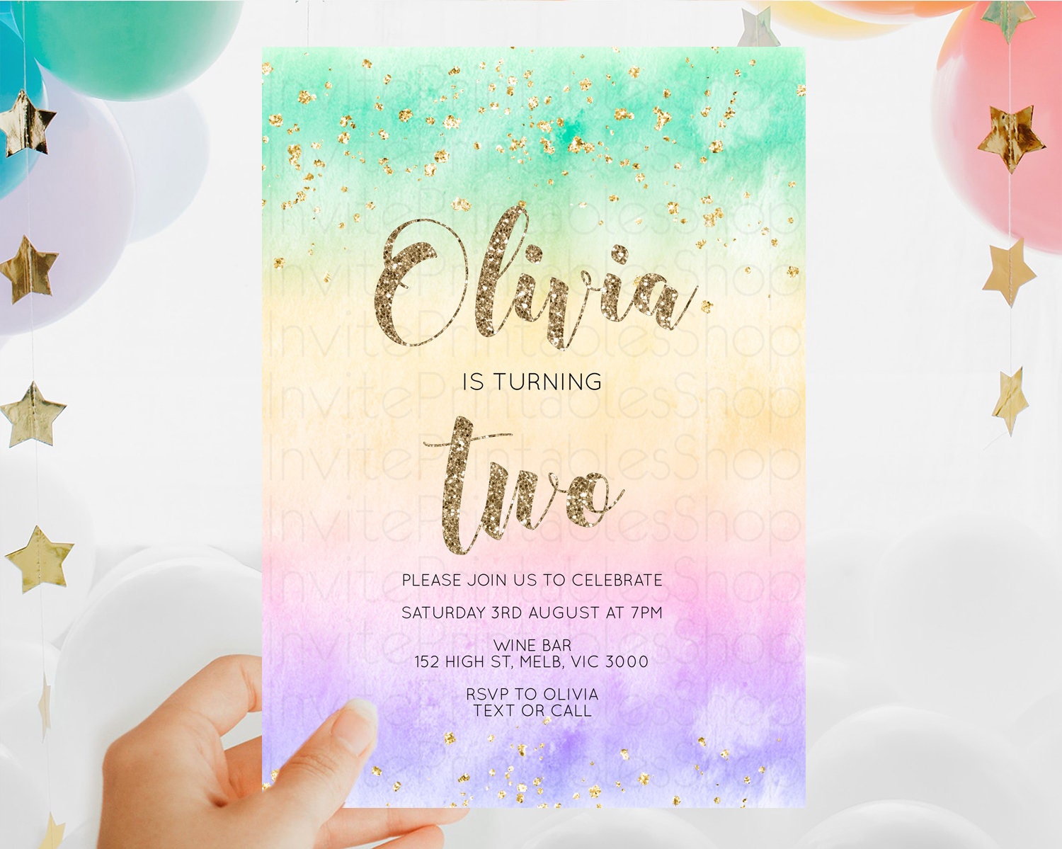 Editable Rainbow Birthday Invitation Colorful Pastel Watercolor Invitation G
