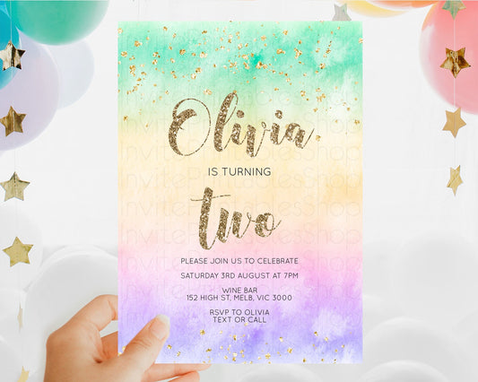 Editable Rainbow Birthday Invitation Colorful Pastel Watercolor Invitation G