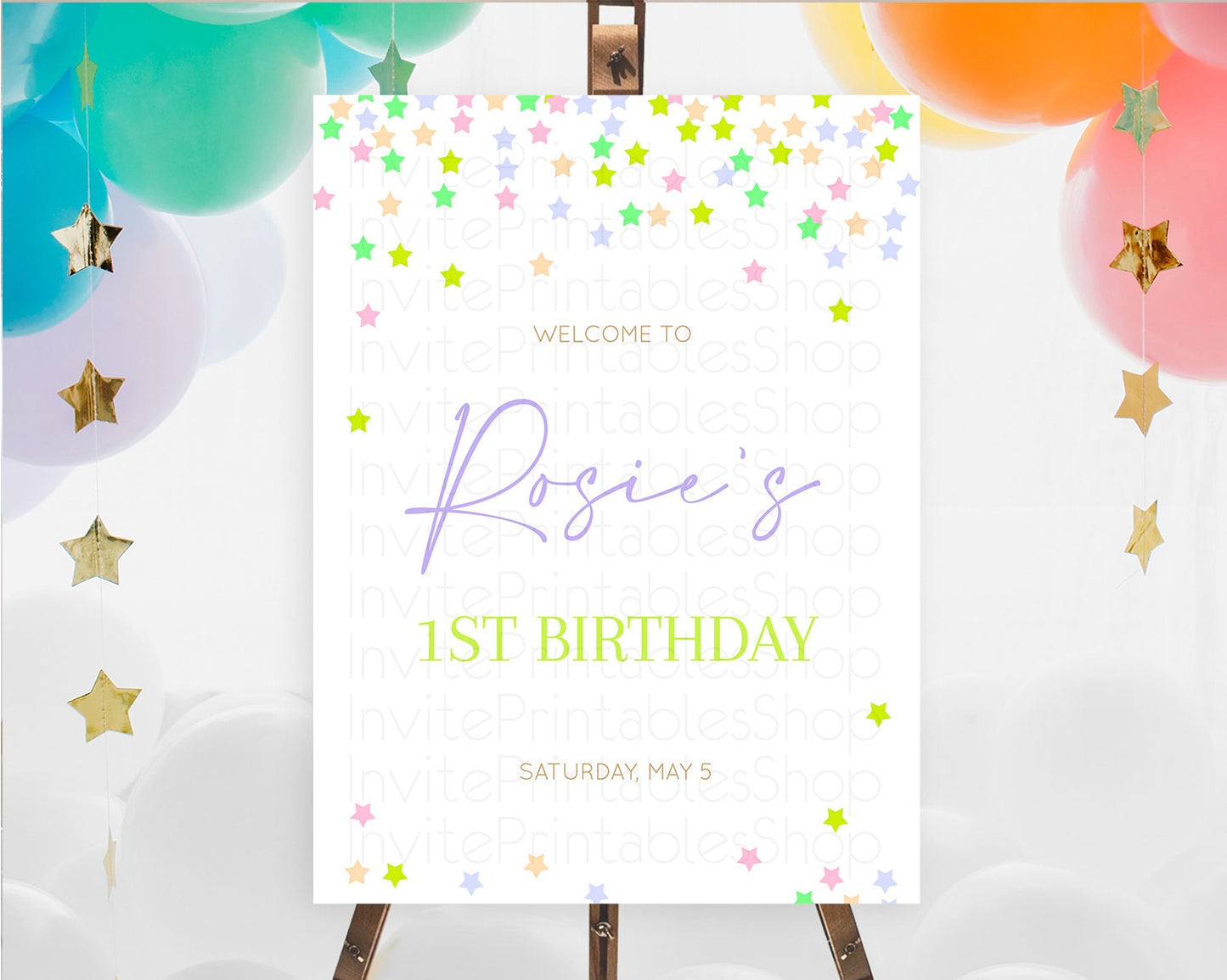 Star Welcome Board Pastel Stars Welcome Sign Shooting Star Rainbow Colorful Confetti Twinkle Little Star First Birthday Welcome Sign D10396