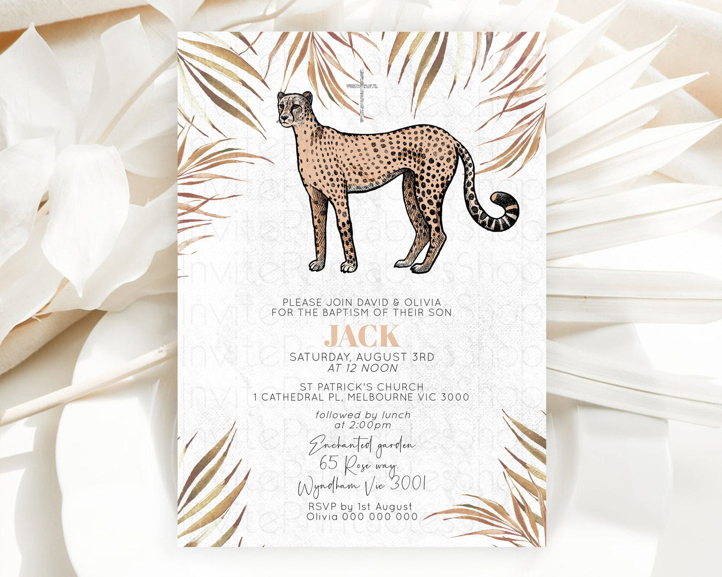 Cheetah Baptism Invitation Cheetah Baptism 1st Birthday Invitation Cheetah Safari Adventure Christening Party Palm Leaf Zoo Cheetah D10291