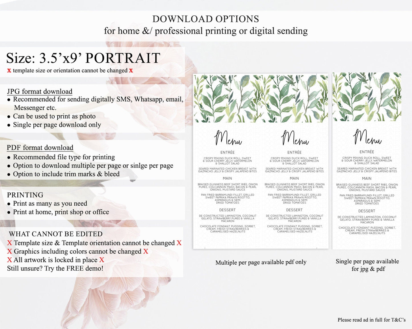 Leafy Menu Green Leaf Menu Template Eucalyptus Fern Leaves Decor Watercolor Boho Garden Leaf Branch Dinner Dessert Party Food Menu D10964