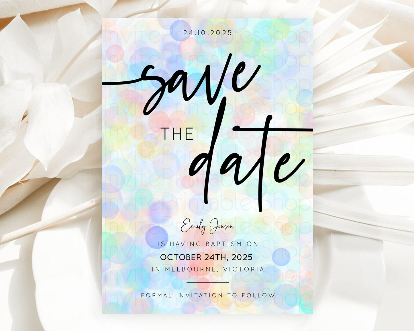 Pastel Bubbles Save The Date Template Bubble Bath Party Rainbow Colorful Confetti Sprinkles 1st Birthday Baby Shower Baptism Wedding D10444