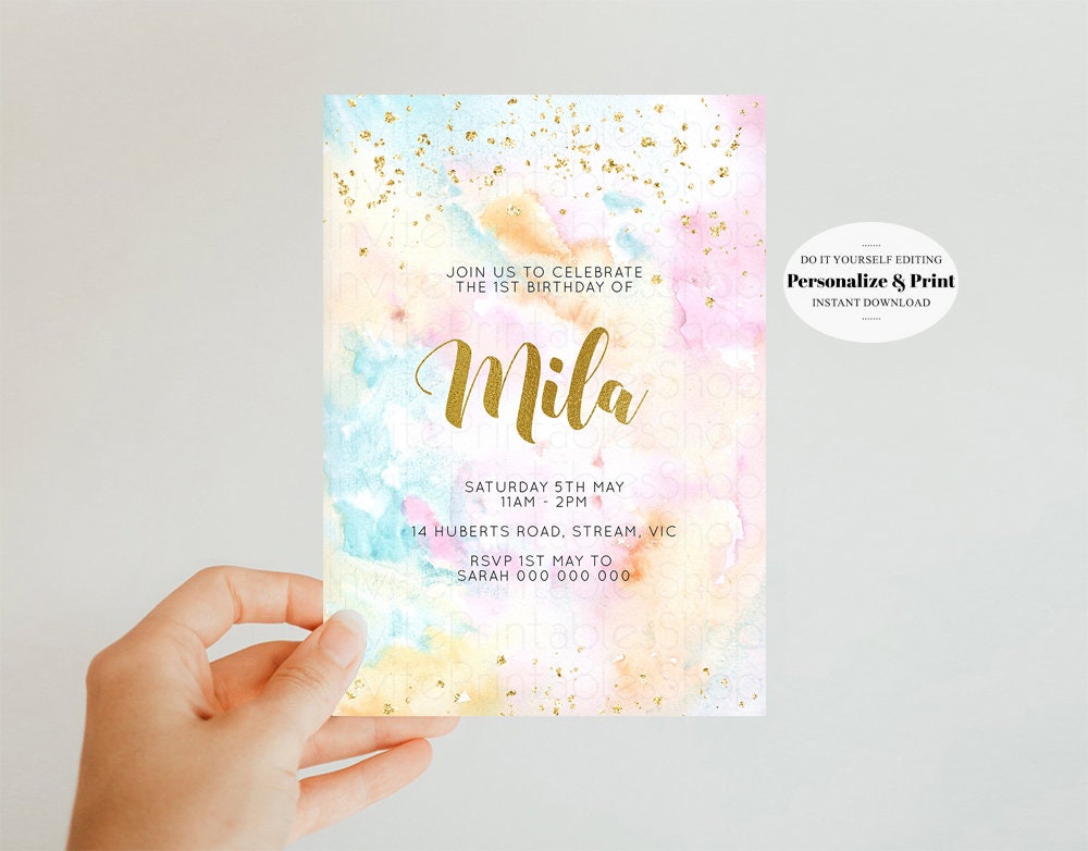 Rainbow Birthday Invitation Pastel Birthday Invitation Colorful Watercolor Invite Ombre Pastel Invitation Gold Glitter Sprinkles Invite 566