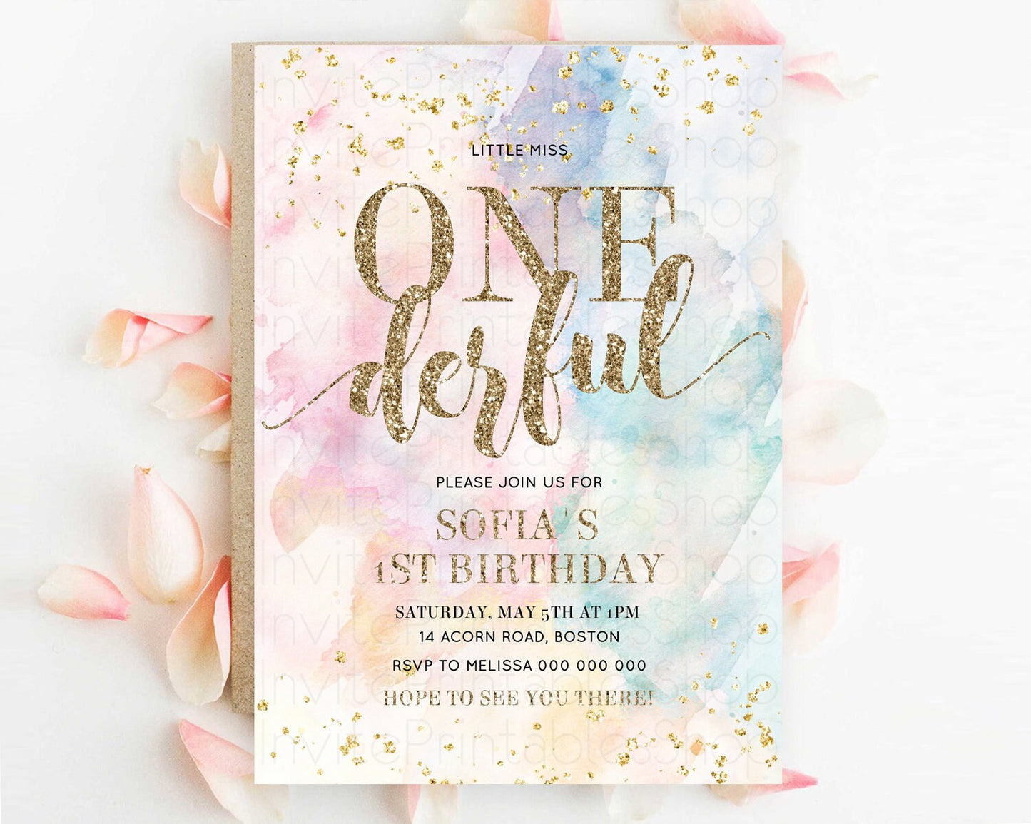 ONEderful Rainbow Birthday Invitation Colorful Pastel Watercolor Invitation Gold Glitter Sprinkles Ombre Pastel 1st Birthday D10264