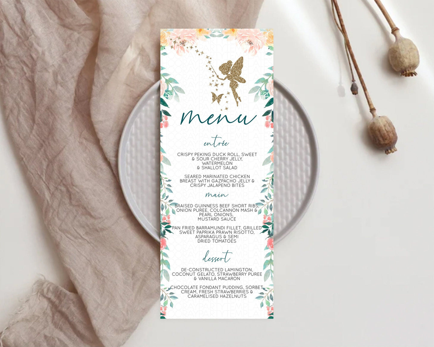 Fairy Menu Fairy Menu Template Enchanted Garden Pastel Floral Butterfly Table Decor Fairy Secret Garden Dinner Dessert Food Menu D10239