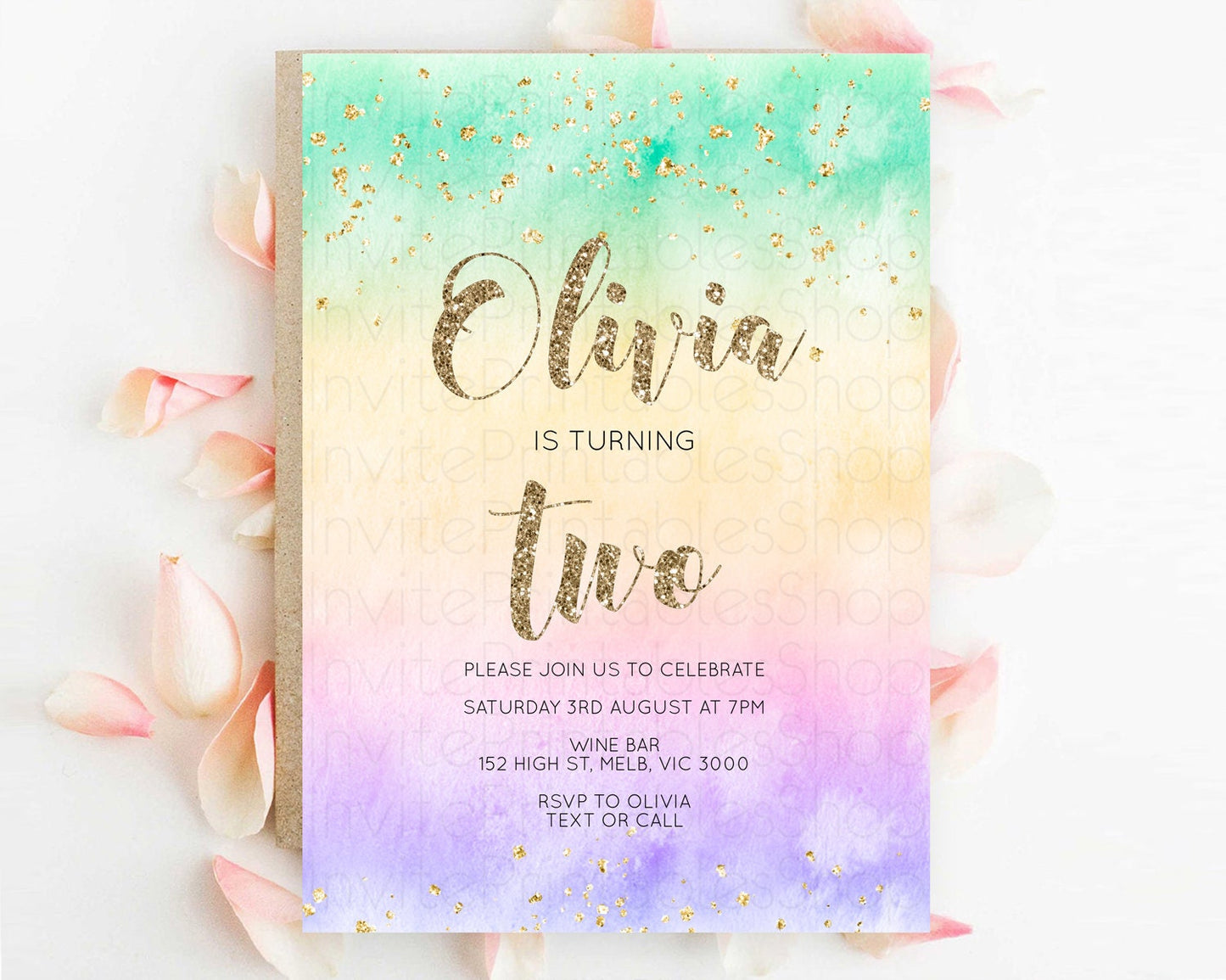Rainbow Birthday Invitation Colorful Pastel Watercolor Invitation Gold Glitter Sprinkles Ombre Pastel 1st 2nd 3rd Birthday D10478
