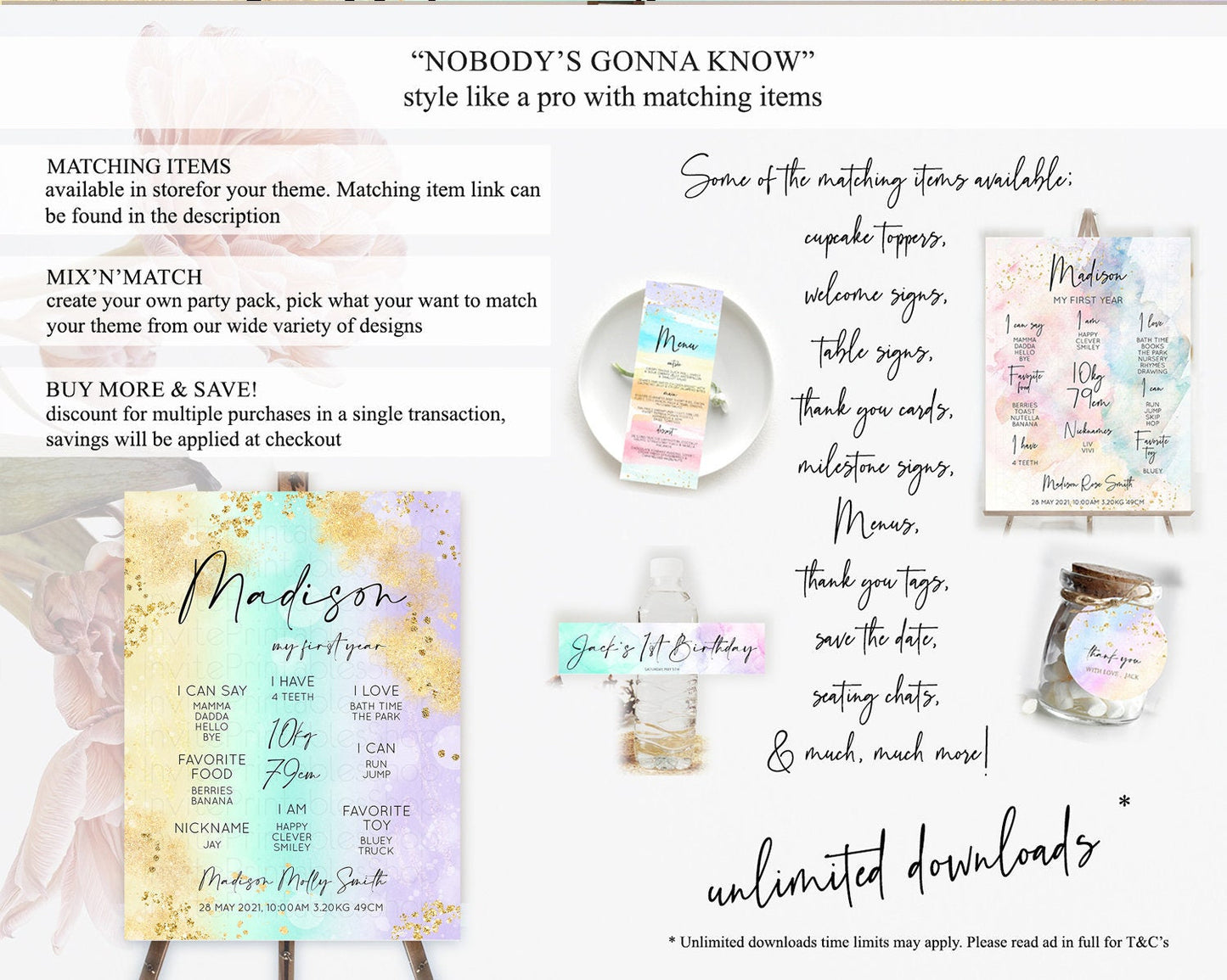 Pastel First Birthday Milestone Board Pastel Rainbow Milestone Poster Colorful Confetti Watercolor Glitter 1st Birthday Welcome Sign D10672
