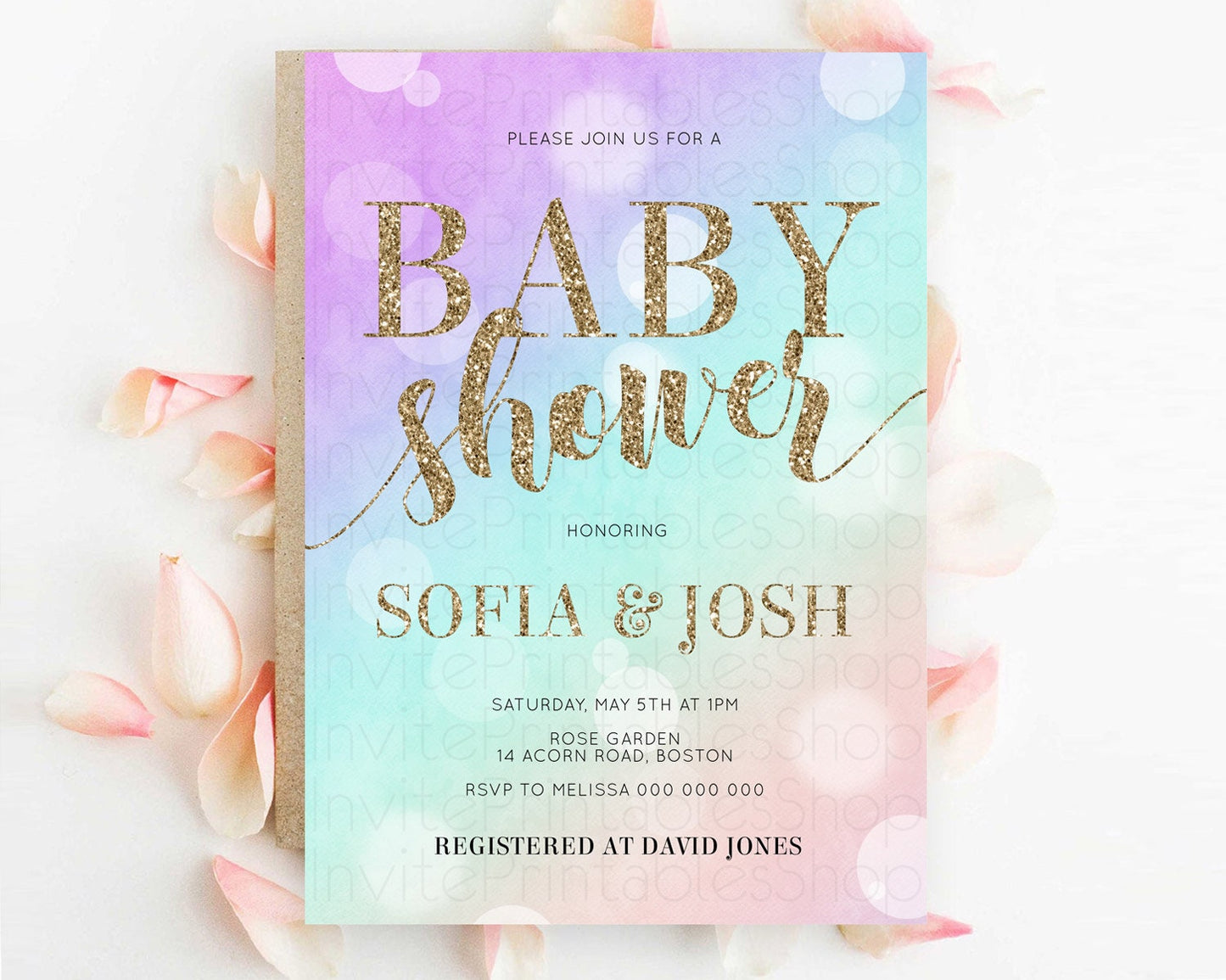 Pastel Baby Shower Invitation Rainbow Baby Shower Invitation Colorful Pastel Watercolor Invitation Gold Glitter Sprinkles Ombre D10621