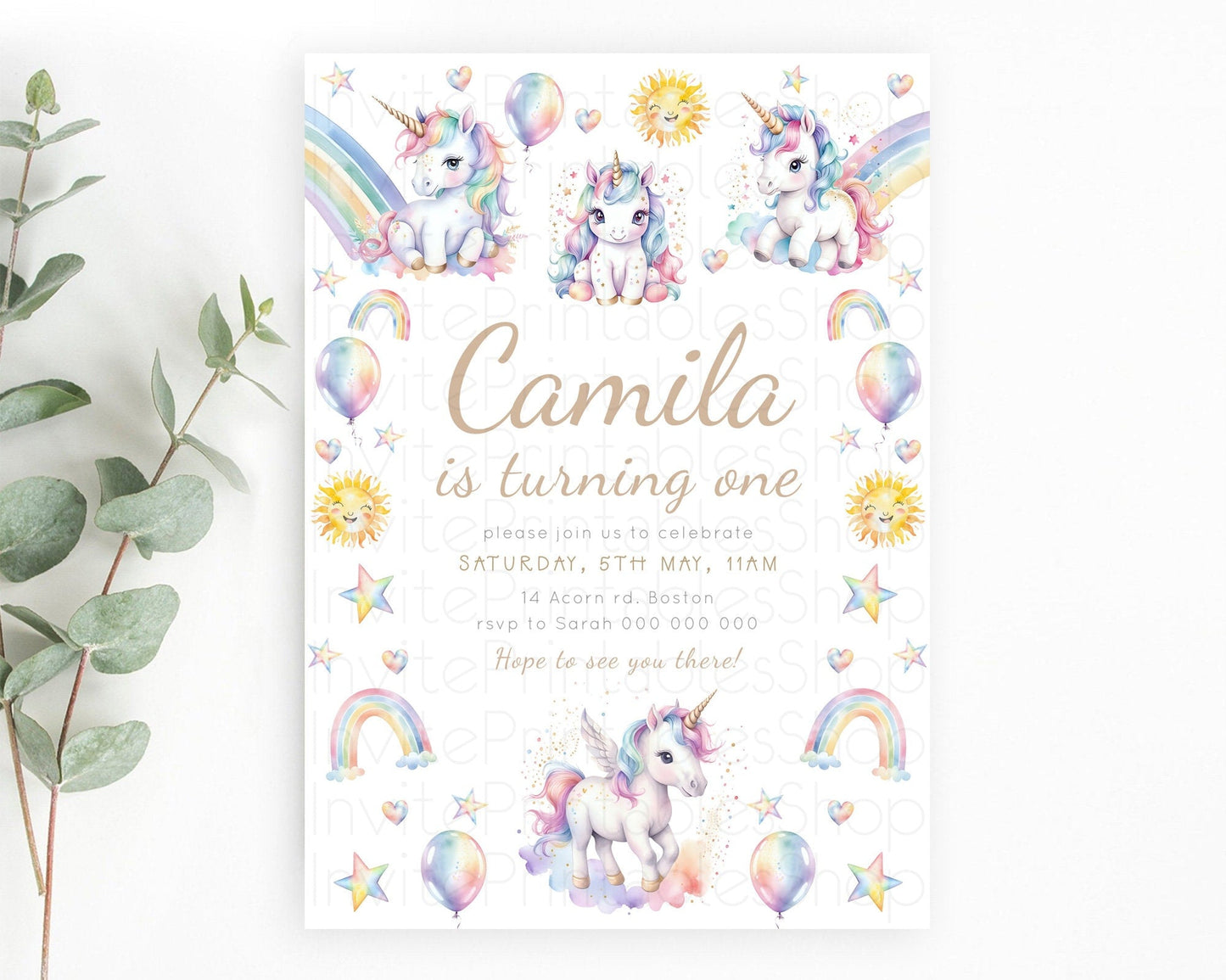 Rainbow Unicorn Birthday Invitation Pastel Birthday Invitation Magical Unicorn Party Theme Pastel Stars Heart Sun 1st 2nd Birthday D23372