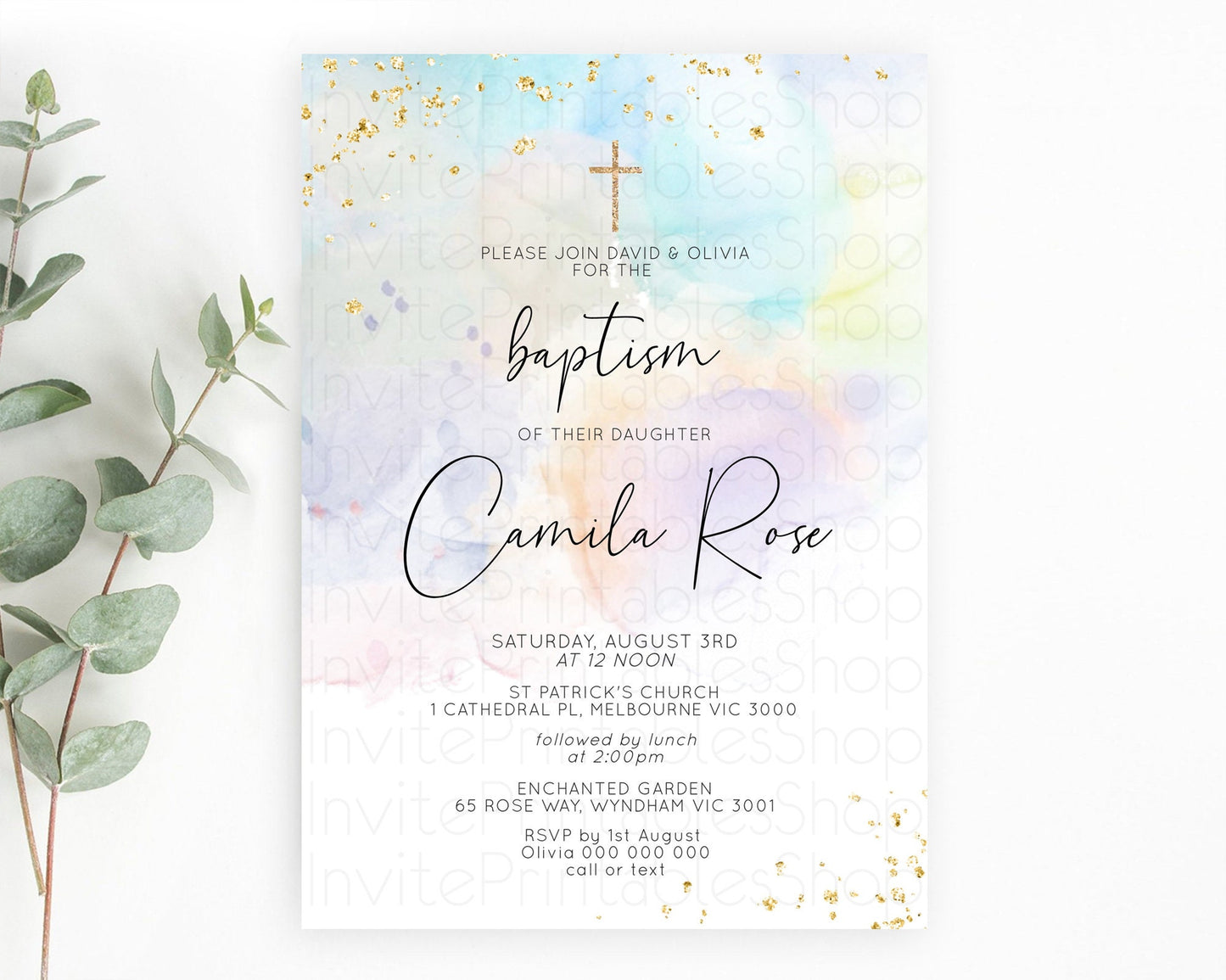 Pastel Baptism Invitation Pastel Colors Watercolor Baptism 1st Birthday Party Gold Ombre Pastel Rainbow Christening Holy Communion D10769