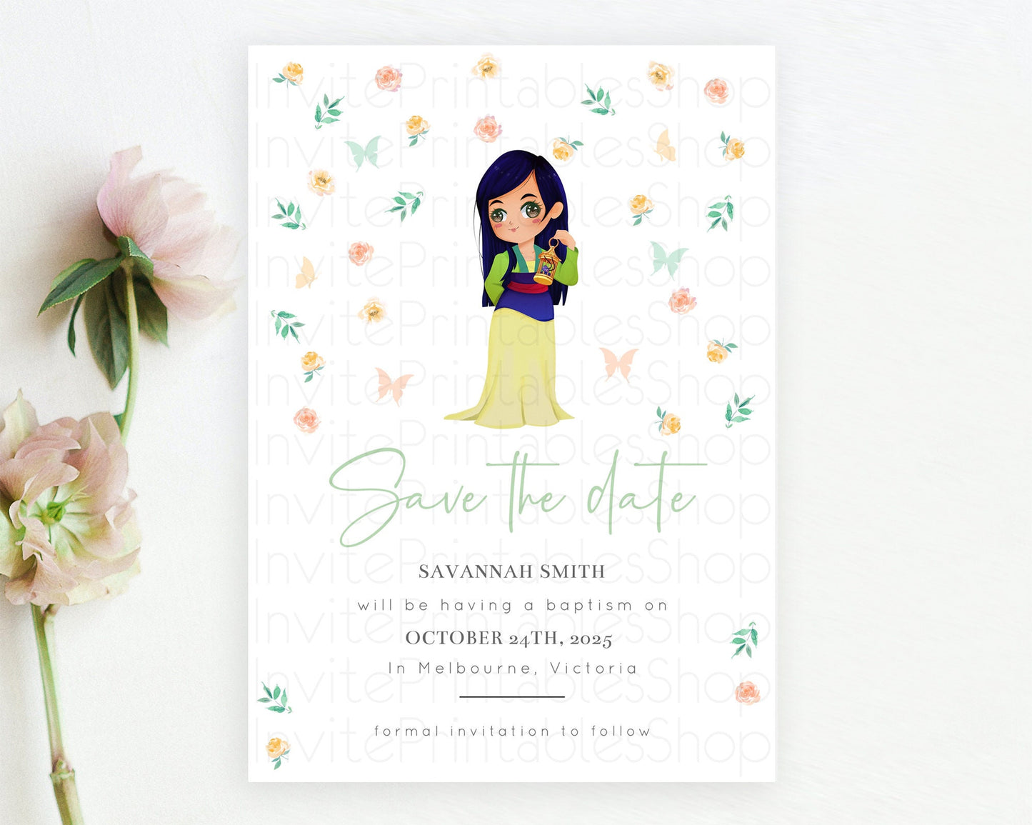 Princess Save The Date Template Secret Garden Enchanted Castle Pastel Floral Royal Party For 1st Birthday Baptism Baby Shower D10357