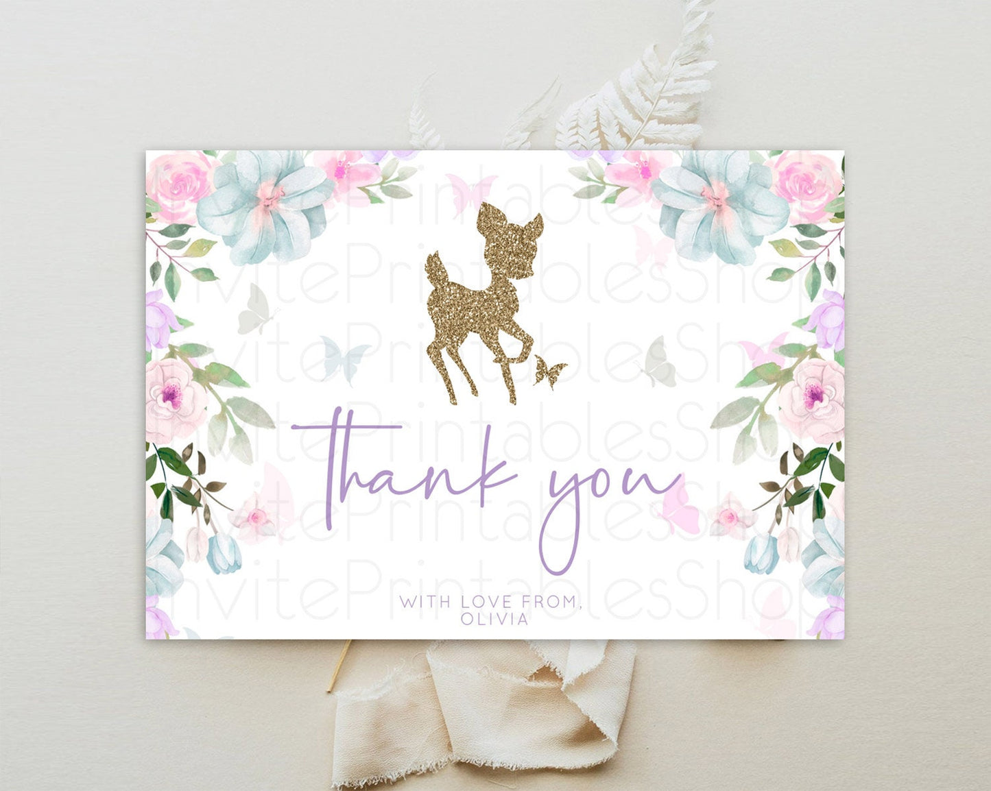 Fawn Thank You Deer Thank You Card Pastel Floral Deer Birthday Thank You Card Enchanted Forest Butterfly Deer Teacher Thank You Card D10476