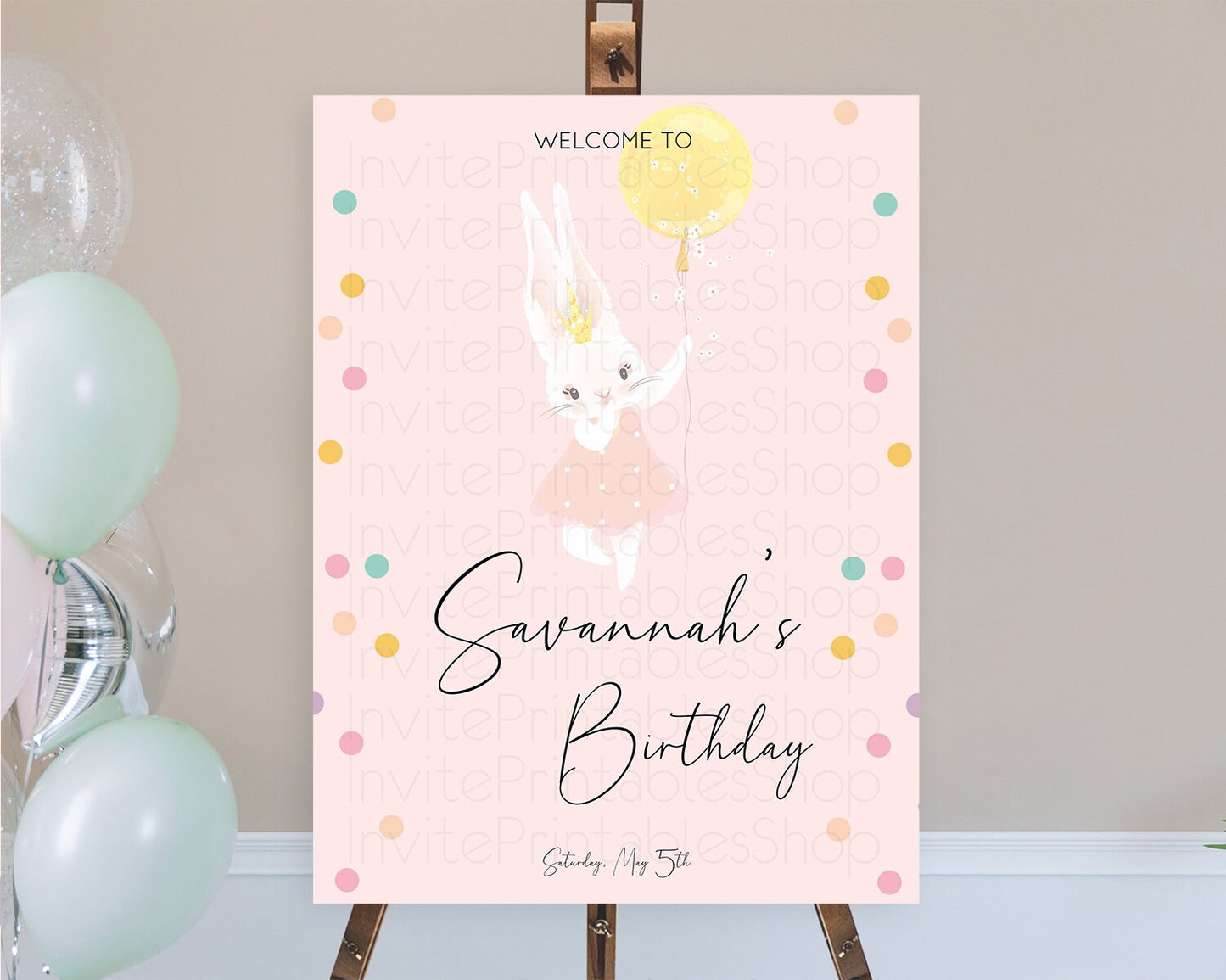 Bunny Welcome Sign Bunny Balloon Welcome Board Colorful Pastel Confetti Bunny Welcome Poster Sprinkles First Birthday Welcome Sign D10219