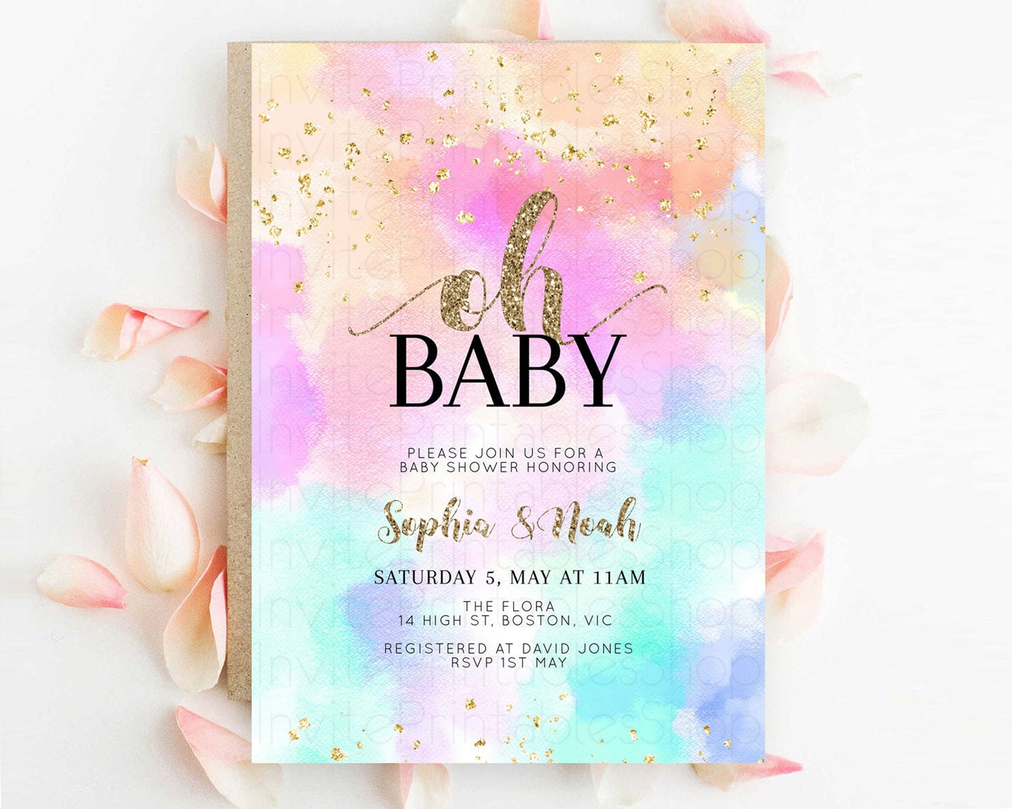 Pastel Baby Shower Invitation Rainbow Baby Shower Invitation Colorful Pastel Watercolor Invitation Gold Glitter Sprinkles Ombre D10669