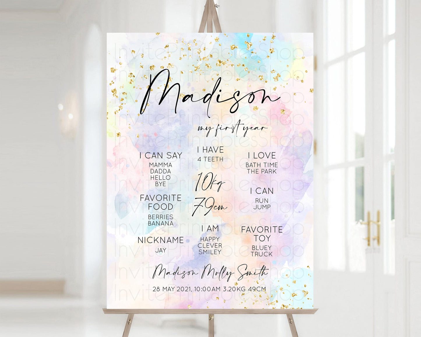 Pastel First Birthday Milestone Board Pastel Rainbow Milestone Poster Watercolor Glitter One Year Poster Colorful Splash Baby 1st Year 588