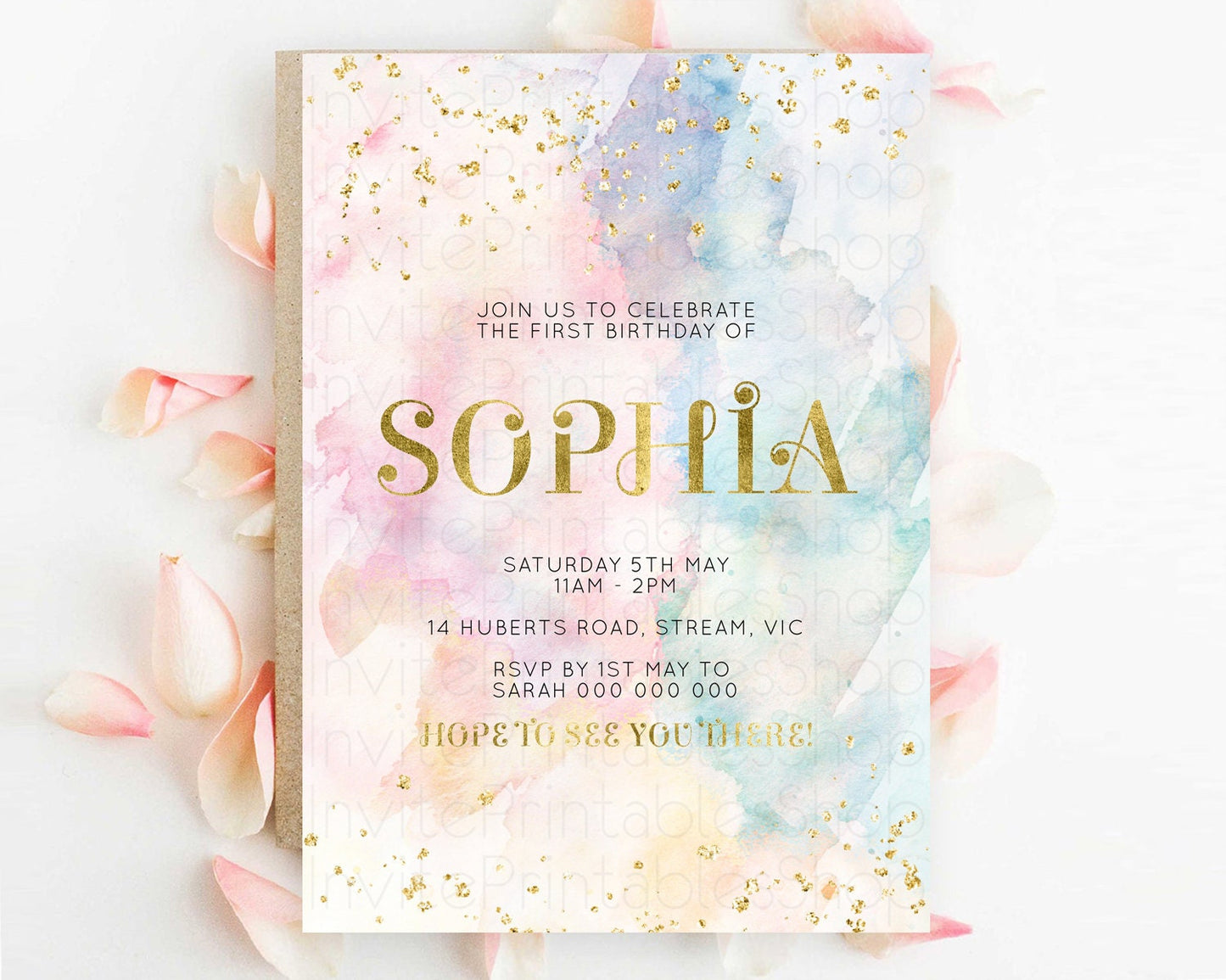 Rainbow Birthday Invitation Colorful Pastel Watercolor Invitation Gold Glitter Sprinkles Ombre Pastel 1st 2nd 3rd Birthday D10835