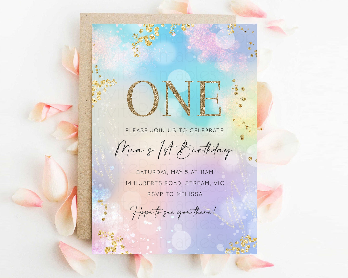 Rainbow Birthday Invitation Pastel Birthday Invite Ombre Watercolor Invite Enchanted Theme Colorful Splash Glitter Sprinkles 1st 2nd 3rd 707