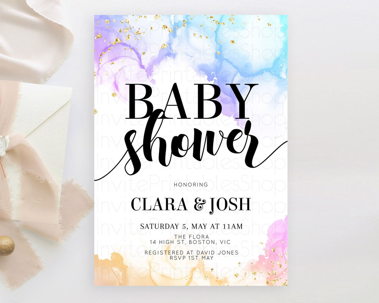 Pastel Baby Shower Invitation Rainbow Baby Shower Invitation Colorful Pastel Watercolor Invitation Gold Glitter Sprinkles Ombre D11018