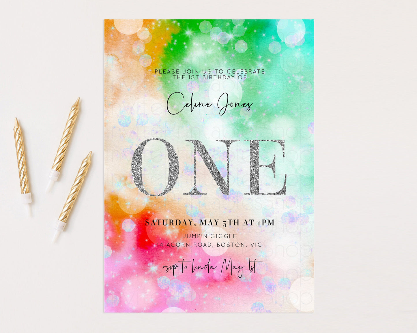 Rainbow Birthday Invitation Pastel Birthday Invite Ombre Watercolor Invite Enchanted Theme Colorful Splash Glitter Sprinkles 1st 2nd 3rd