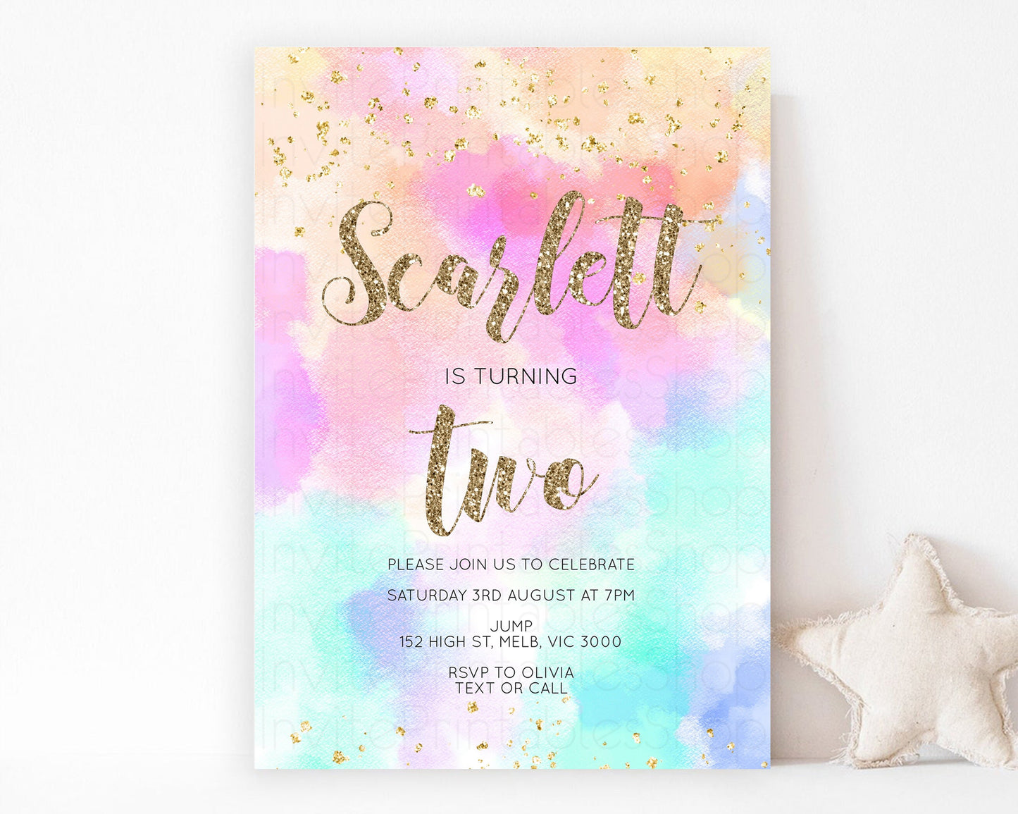 Rainbow Birthday Invitation Pastel Birthday Invite Ombre Watercolor Invite Enchanted Theme Colorful Splash Glitter Sprinkles 1st 2nd 3rd