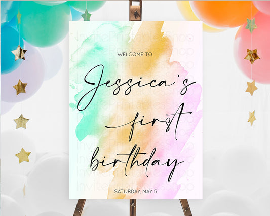 Pastel Welcome Sign Pastel Rainbow Welcome Sign Colorful Rainbow Confetti Watercolor Glitter Pastel First Birthday Welcome Sign D10962