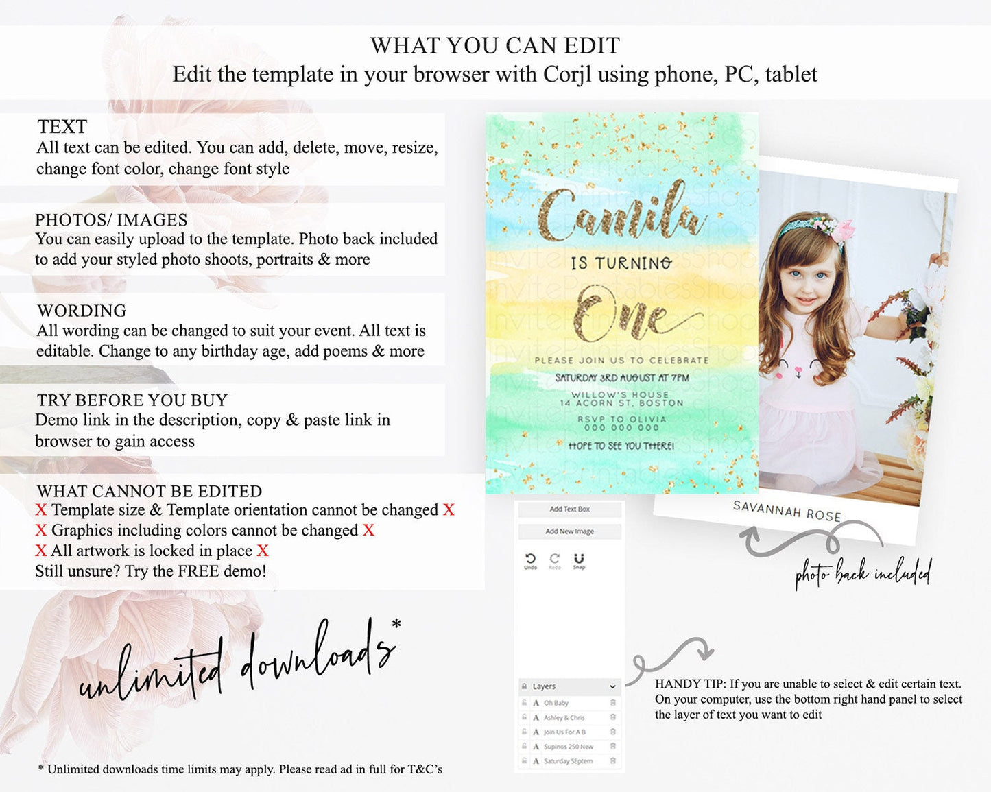 Rainbow Birthday Invitation Colorful Pastel Watercolor Invitation Gold Glitter Sprinkles Ombre Pastel 1st 2nd 3rd Birthday D23269