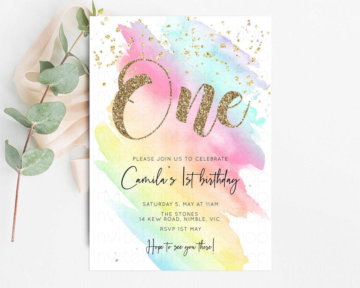 Rainbow Birthday Invitation Pastel Rainbow Birthday Invitation Ombre Watercolor Invite Colorful Splash Glitter Sprinkles 1st 2nd 3rd T518