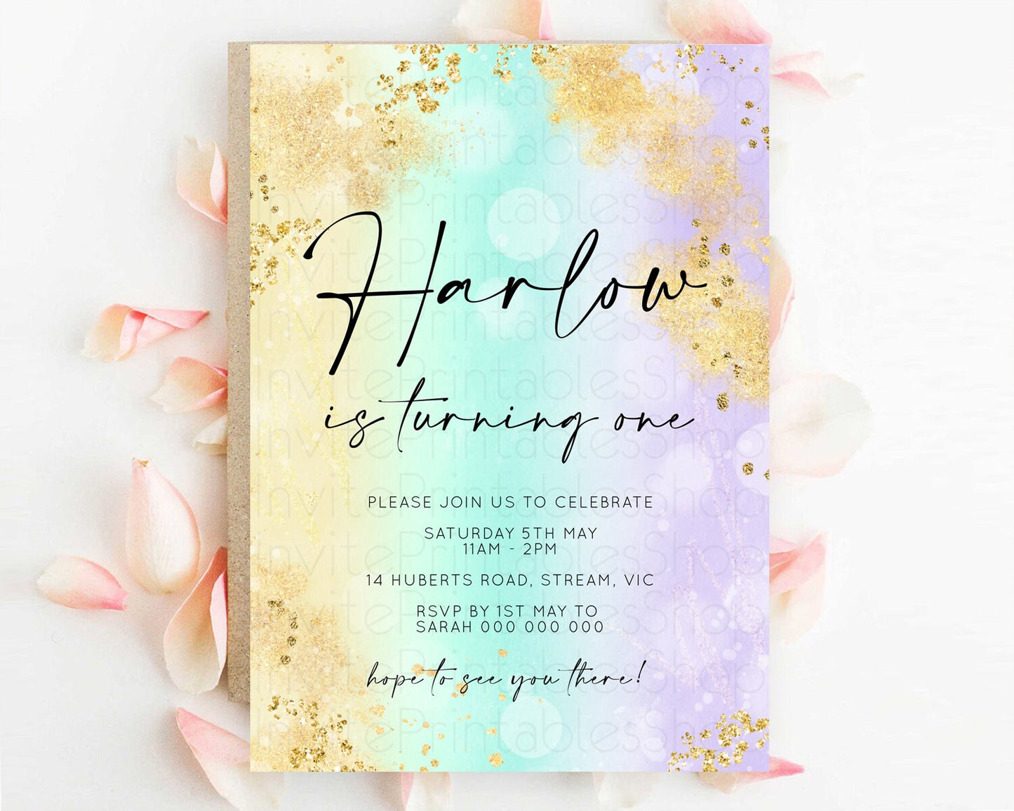 Rainbow Birthday Invitation Colorful Pastel Watercolor Invitation Gold Glitter Sprinkles Ombre Pastel 1st 2nd 3rd Birthday D10672